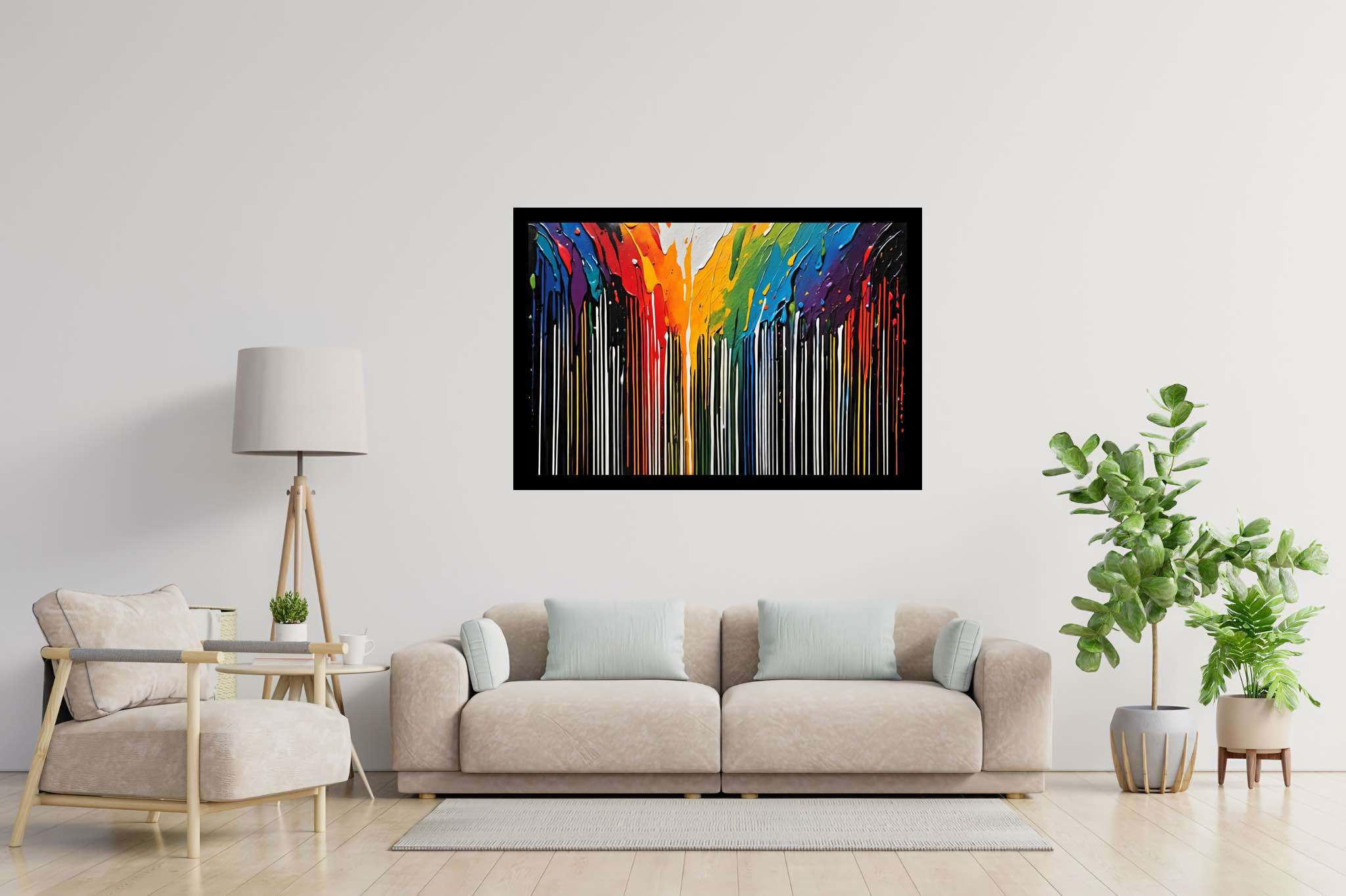 Chromatic rhapsody: Abstract art with abstract expressionism, in a room with artistic style, canvas prints, and home styling items. The art can be printed on poster, framed poster, canvas, metal, acrylic or wood, exclusively at WallArtZen. Find this exact print at https://wallartzen.com/waz260