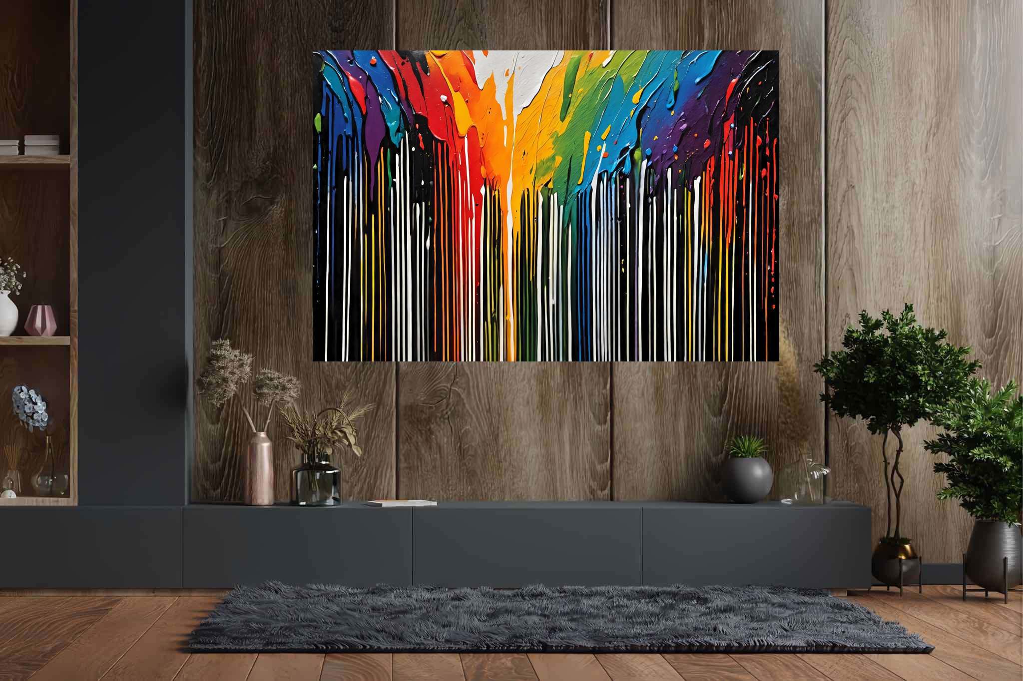 Chromatic rhapsody: Abstract art with abstract patterns, in a room with chic decor, gallery-quality artwork, and interior decorations. The art can be printed on poster, framed poster, canvas, metal, acrylic or wood, exclusively at WallArtZen. Find this exact print at https://wallartzen.com/waz260