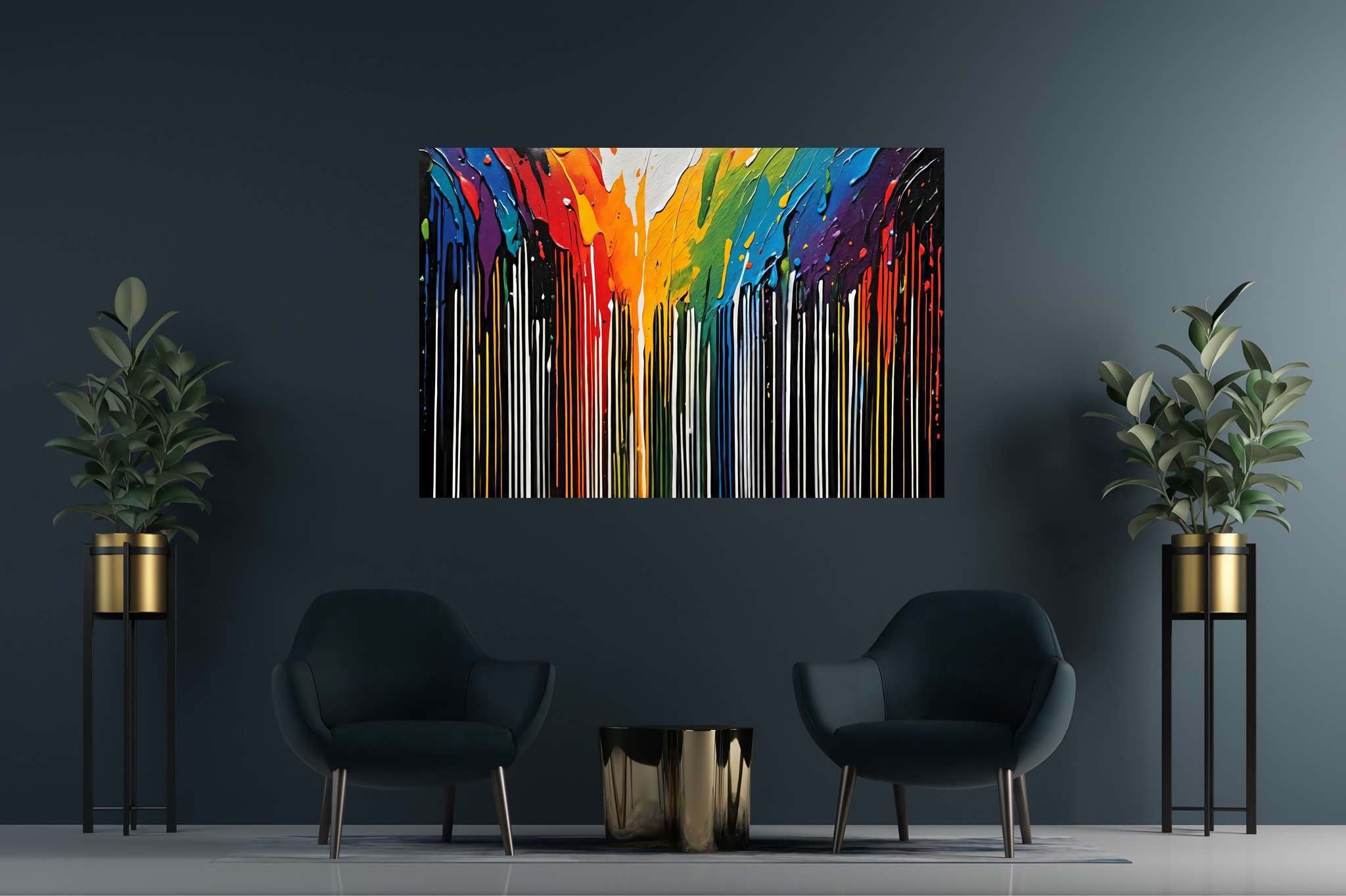 Chromatic rhapsody: Abstract art with modern art, in a room with minimalist approach, gallery-quality artwork, and home furnishings. The art can be printed on poster, framed poster, canvas, metal, acrylic or wood, exclusively at WallArtZen. Find this exact print at https://wallartzen.com/waz260