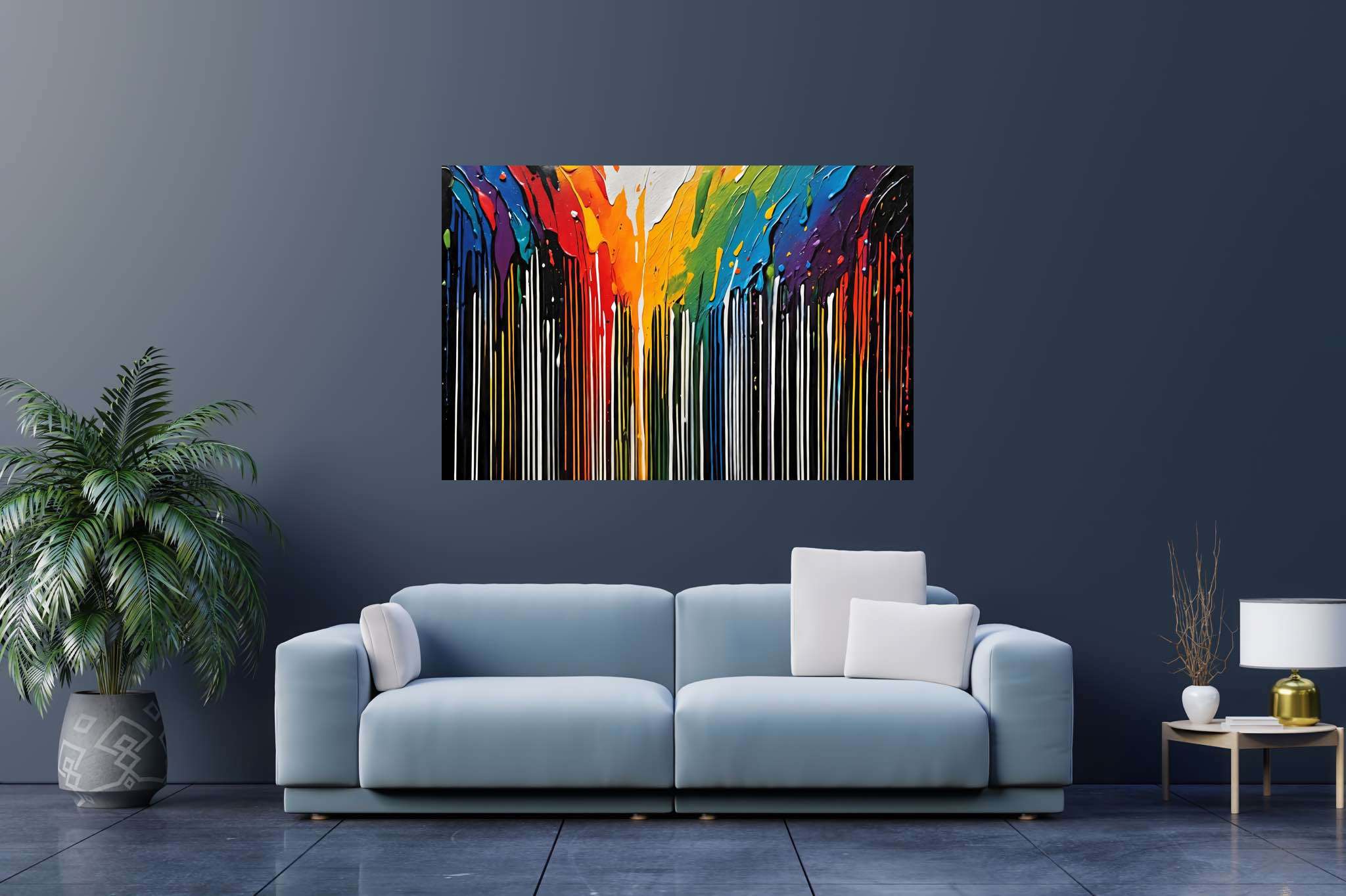 Chromatic rhapsody: Abstract art with abstract patterns, in a room with modern style, gallery-quality artwork, and artisan decor. The art can be printed on poster, framed poster, canvas, metal, acrylic or wood, exclusively at WallArtZen. Find this exact print at https://wallartzen.com/waz260