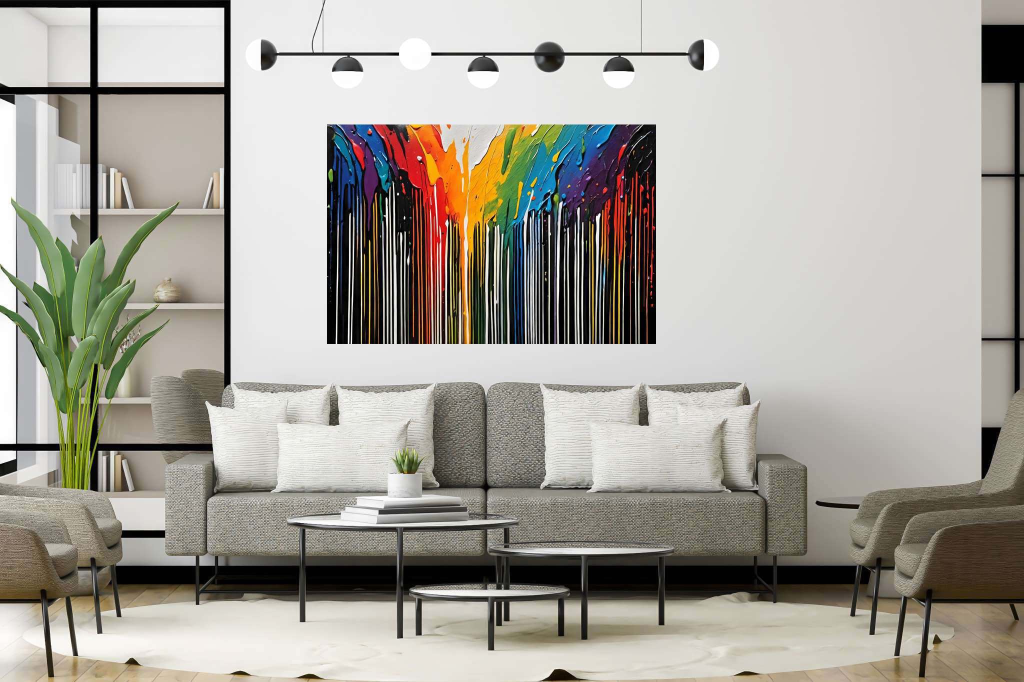 Chromatic rhapsody: Abstract art with modern art, in a room with innovative layout, fine art prints, and designer furniture. The art can be printed on poster, framed poster, canvas, metal, acrylic or wood, exclusively at WallArtZen. Find this exact print at https://wallartzen.com/waz260