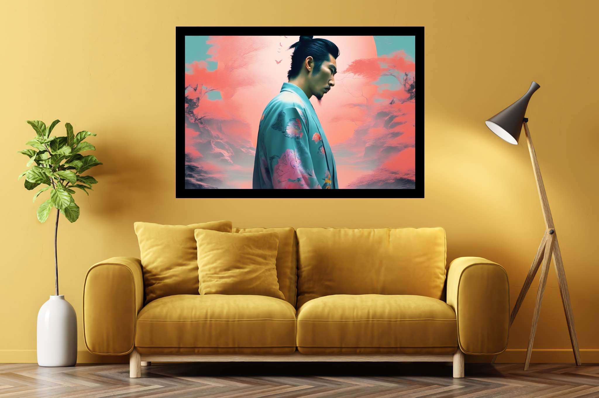 Butterfly kimono dreams: Whimsical butterfly art with artistic interpretations of butterflies, in a room with classic elegance, fine art prints, and home furnishings. The art can be printed on poster, framed poster, canvas, metal, acrylic or wood, exclusively at WallArtZen. Find this exact print at https://wallartzen.com/waz261