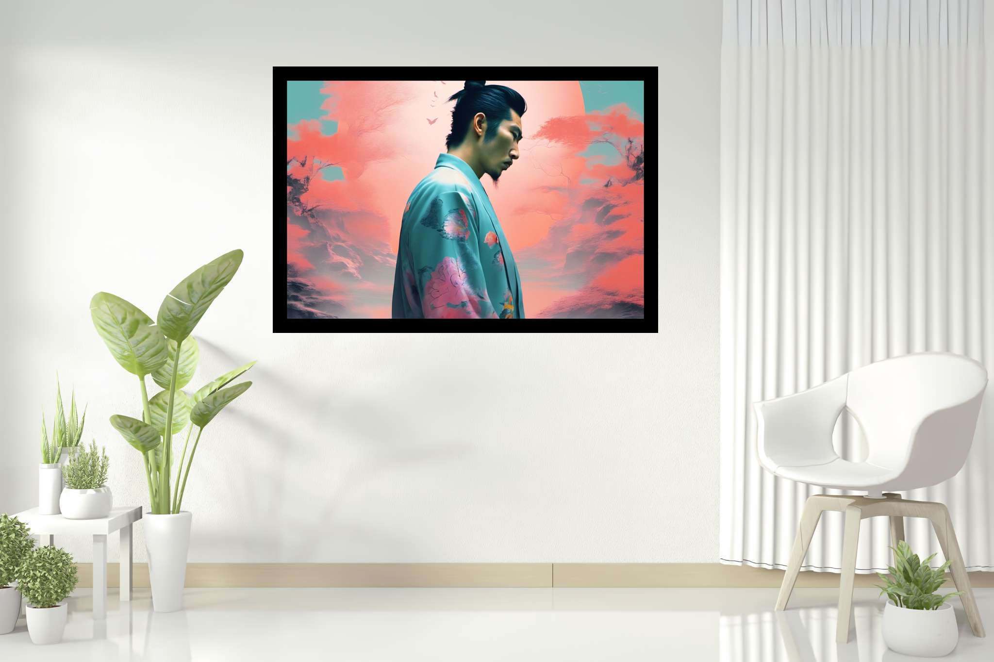 Butterfly kimono dreams: Whimsical butterfly art with fantasy butterfly sculptures, in a room with chic decor, abstract paintings, and luxe decor. The art can be printed on poster, framed poster, canvas, metal, acrylic or wood, exclusively at WallArtZen. Find this exact print at https://wallartzen.com/waz261