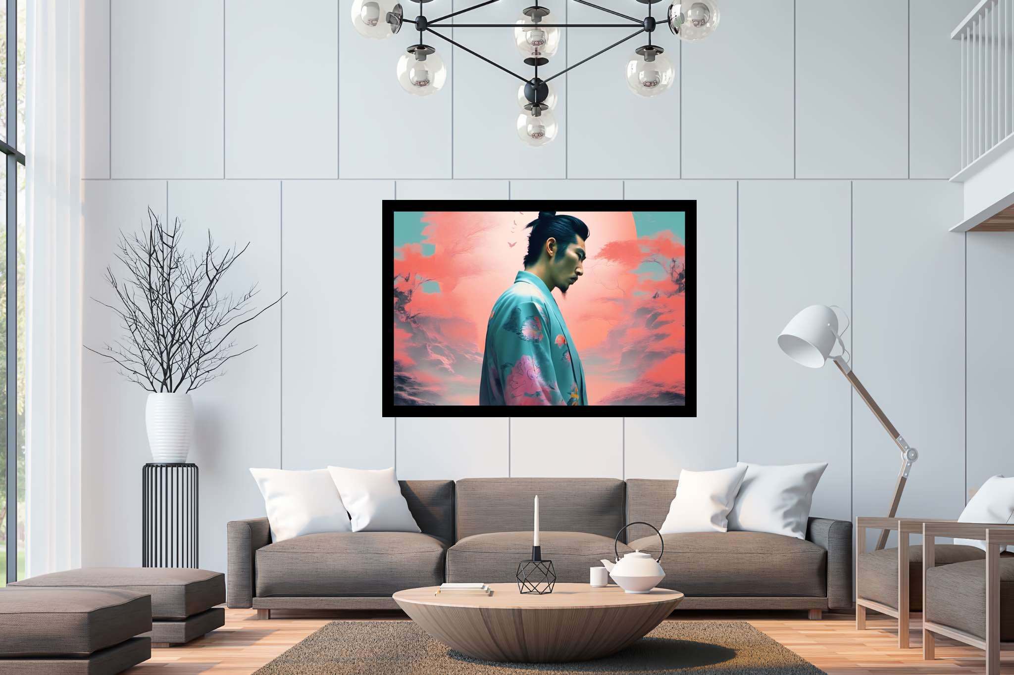 Butterfly kimono dreams: Whimsical butterfly art with magical butterfly drawings, in a room with elegant layout, wall art, and artisan decor. The art can be printed on poster, framed poster, canvas, metal, acrylic or wood, exclusively at WallArtZen. Find this exact print at https://wallartzen.com/waz261