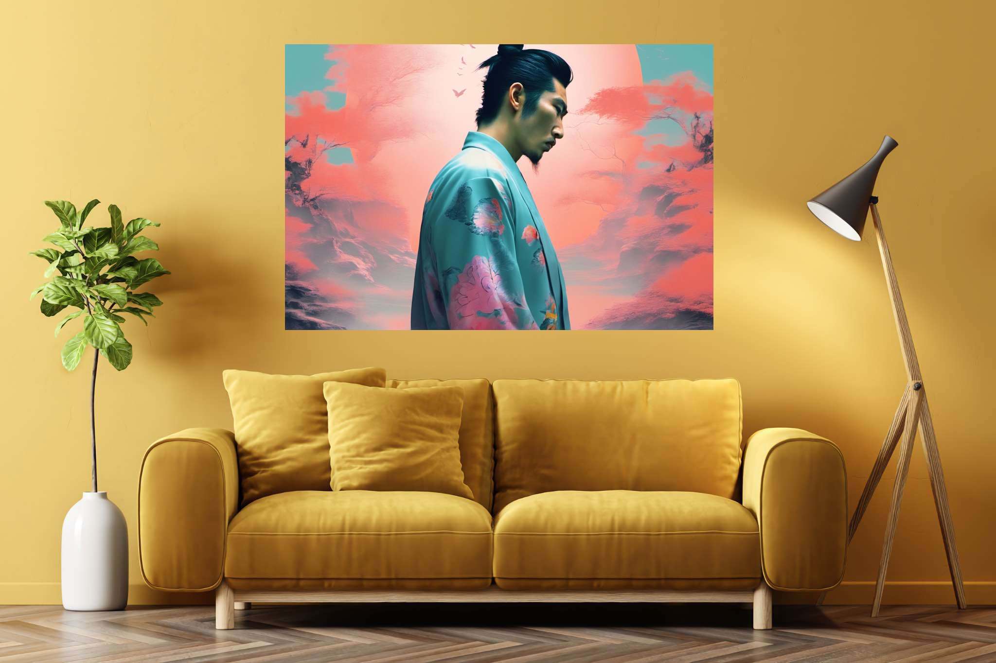 Butterfly kimono dreams: Whimsical butterfly art with playful butterfly paintings, in a room with minimalist approach, canvas prints, and interior decorations. The art can be printed on poster, framed poster, canvas, metal, acrylic or wood, exclusively at WallArtZen. Find this exact print at https://wallartzen.com/waz261