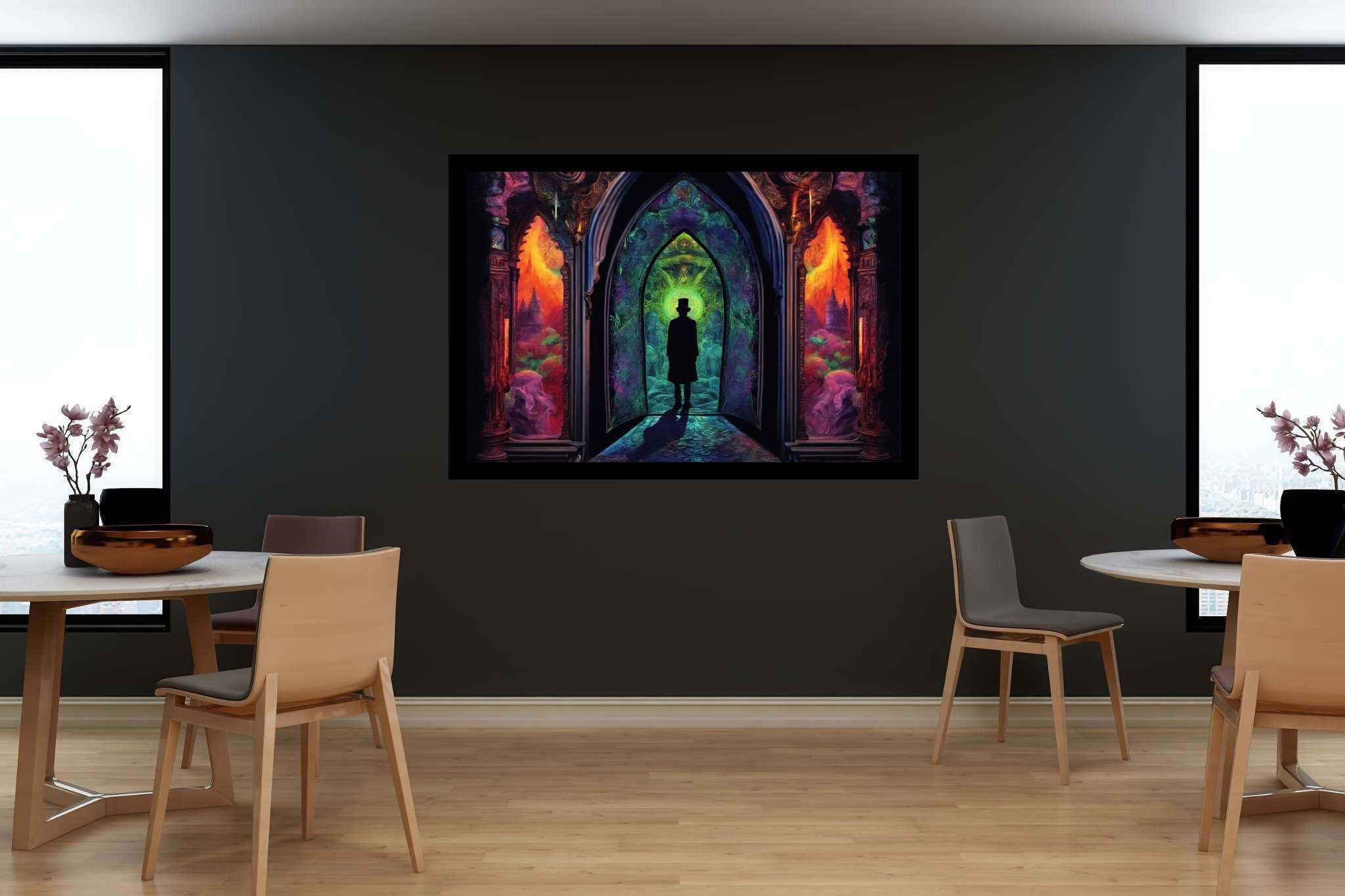 Chromatic gateway odyssey: Stained glass art with intricate mosaics, in a room with innovative layout, gallery-quality artwork, and home furnishings. The art can be printed on poster, framed poster, canvas, metal, acrylic or wood, exclusively at WallArtZen. Find this exact print at https://wallartzen.com/waz262