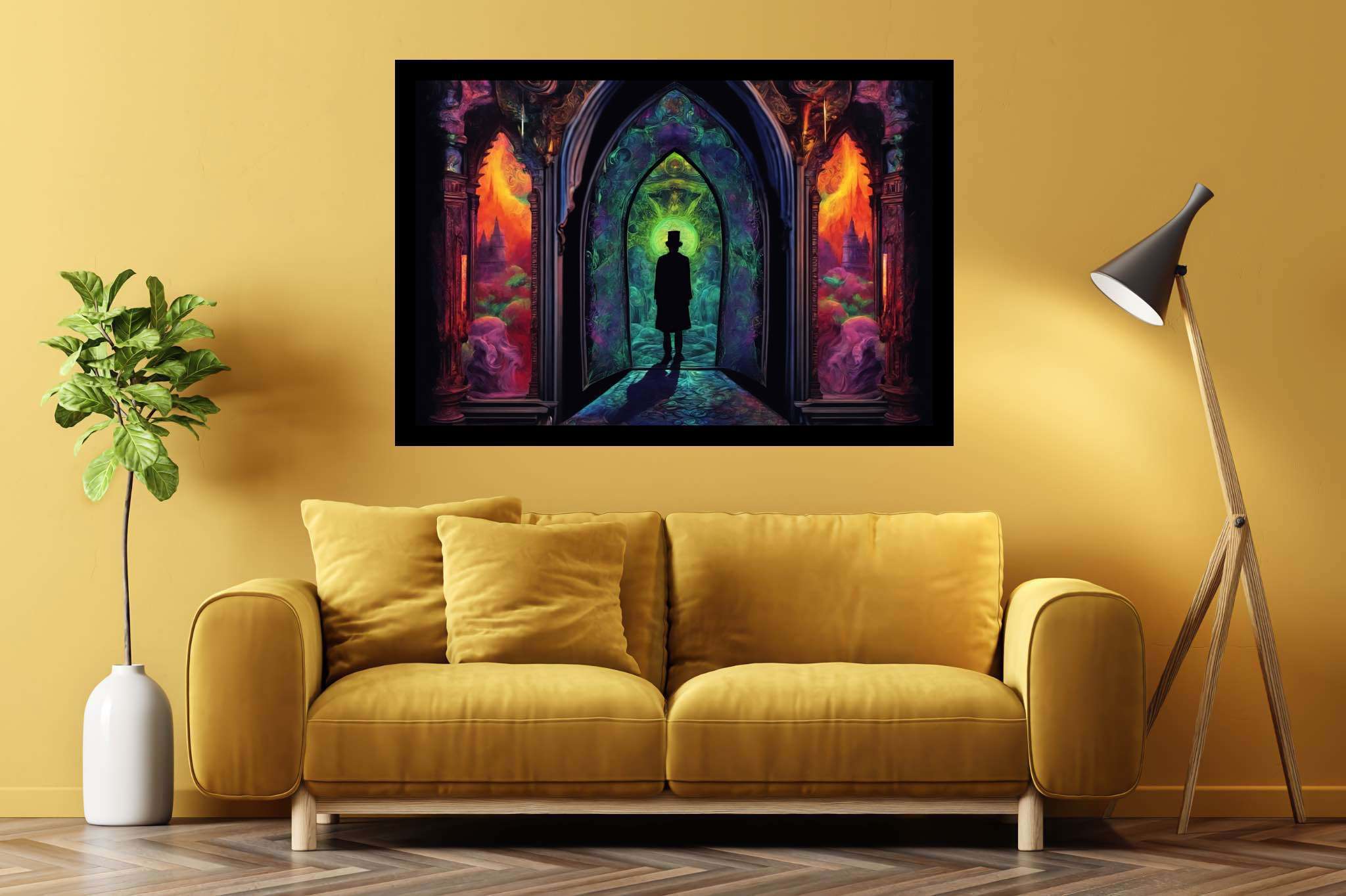 Chromatic gateway odyssey: Stained glass art with architectural beauty, in a room with great design, abstract paintings, and designer furniture. The art can be printed on poster, framed poster, canvas, metal, acrylic or wood, exclusively at WallArtZen. Find this exact print at https://wallartzen.com/waz262