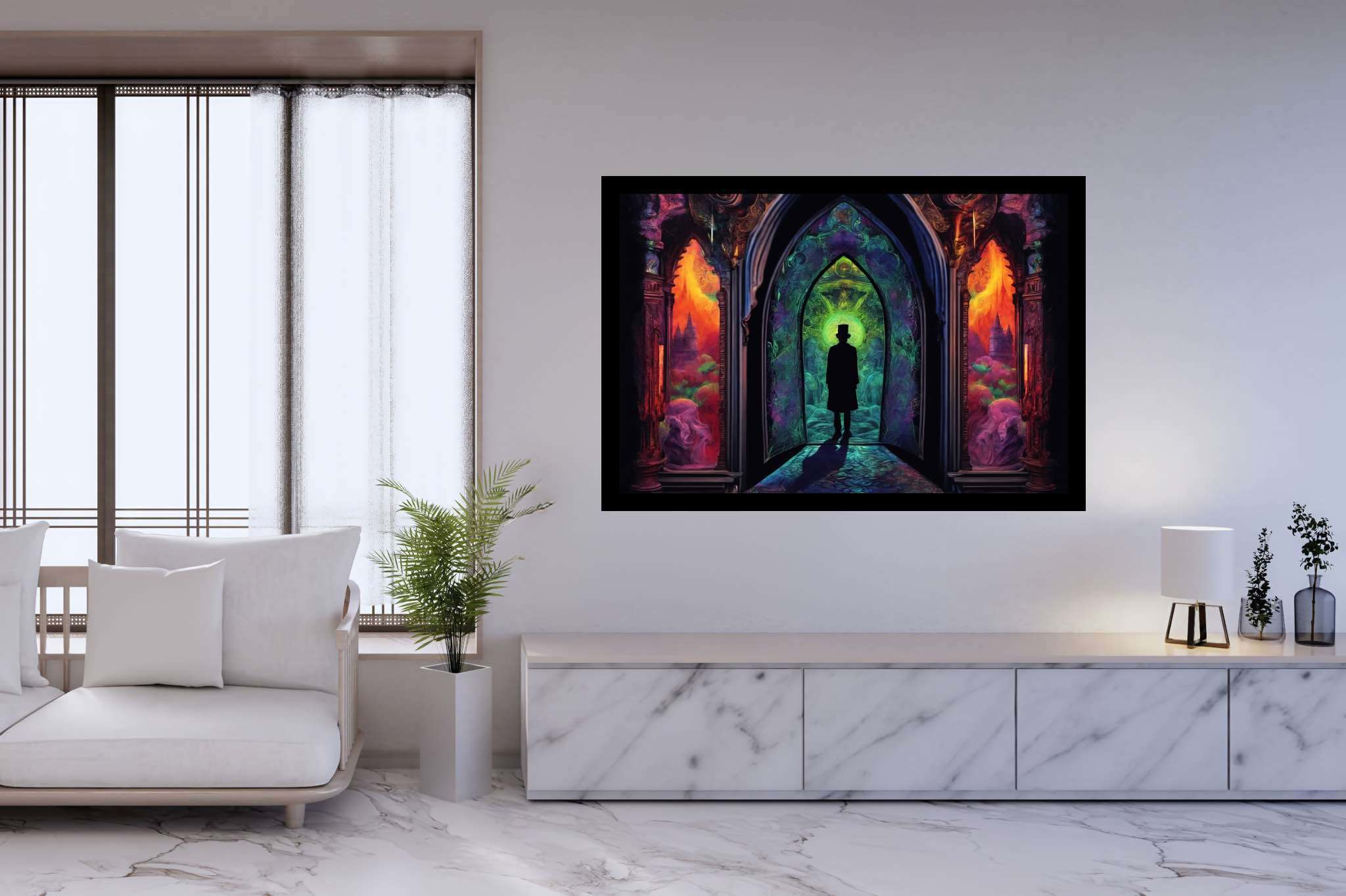 Chromatic gateway odyssey: Stained glass art with historical stained glass, in a room with innovative layout, photographic wall art, and luxe decor. The art can be printed on poster, framed poster, canvas, metal, acrylic or wood, exclusively at WallArtZen. Find this exact print at https://wallartzen.com/waz262