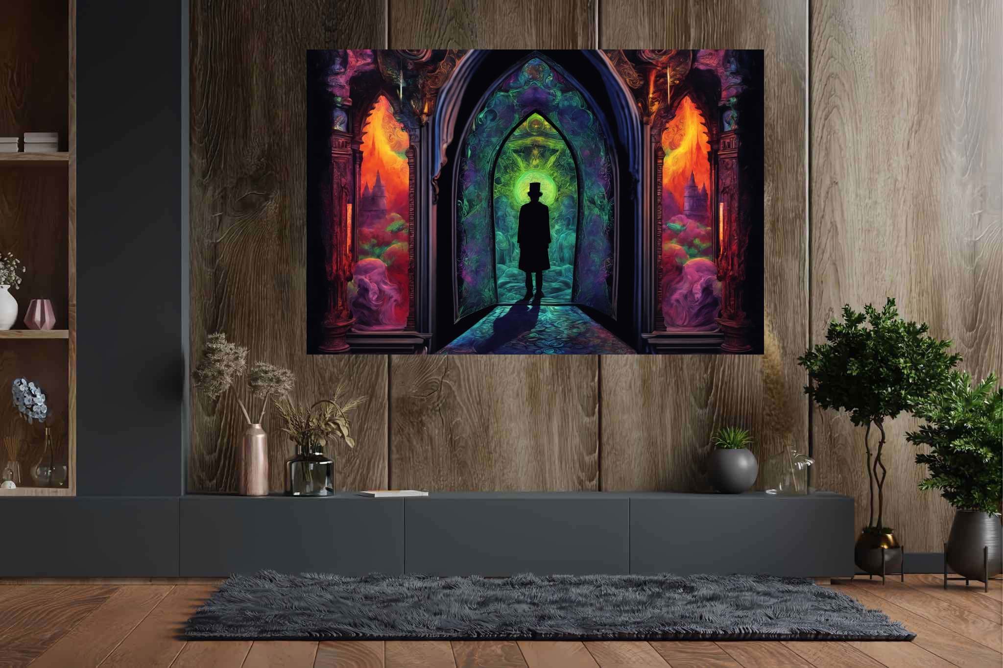 Chromatic gateway odyssey: Stained glass art with glass artistry, in a room with urban design, bespoke art designs, and home furnishings. The art can be printed on poster, framed poster, canvas, metal, acrylic or wood, exclusively at WallArtZen. Find this exact print at https://wallartzen.com/waz262