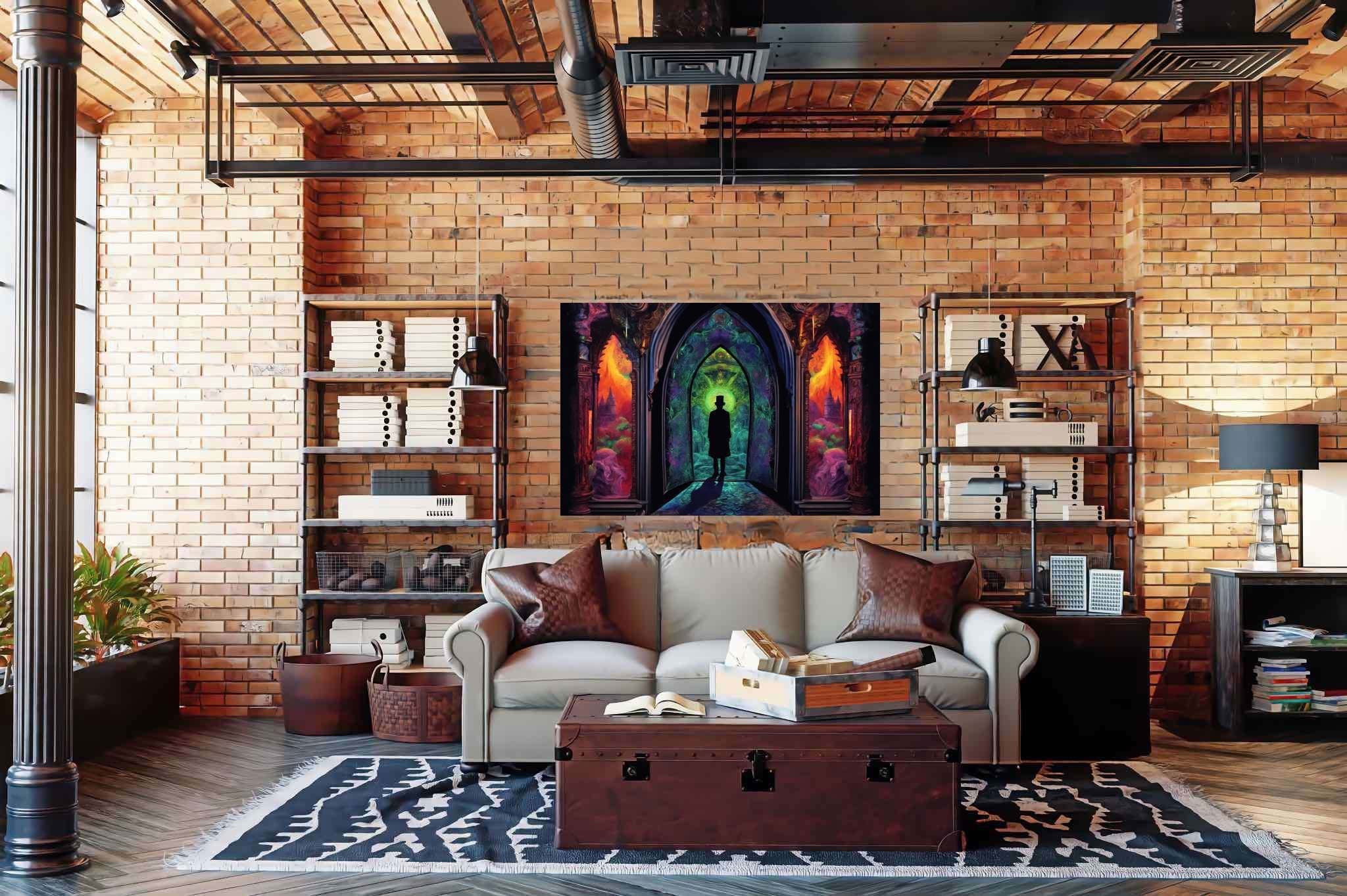 Chromatic gateway odyssey: Stained glass art with glass artistry, in a room with chic decor, mural artworks, and decorative pieces. The art can be printed on poster, framed poster, canvas, metal, acrylic or wood, exclusively at WallArtZen. Find this exact print at https://wallartzen.com/waz262