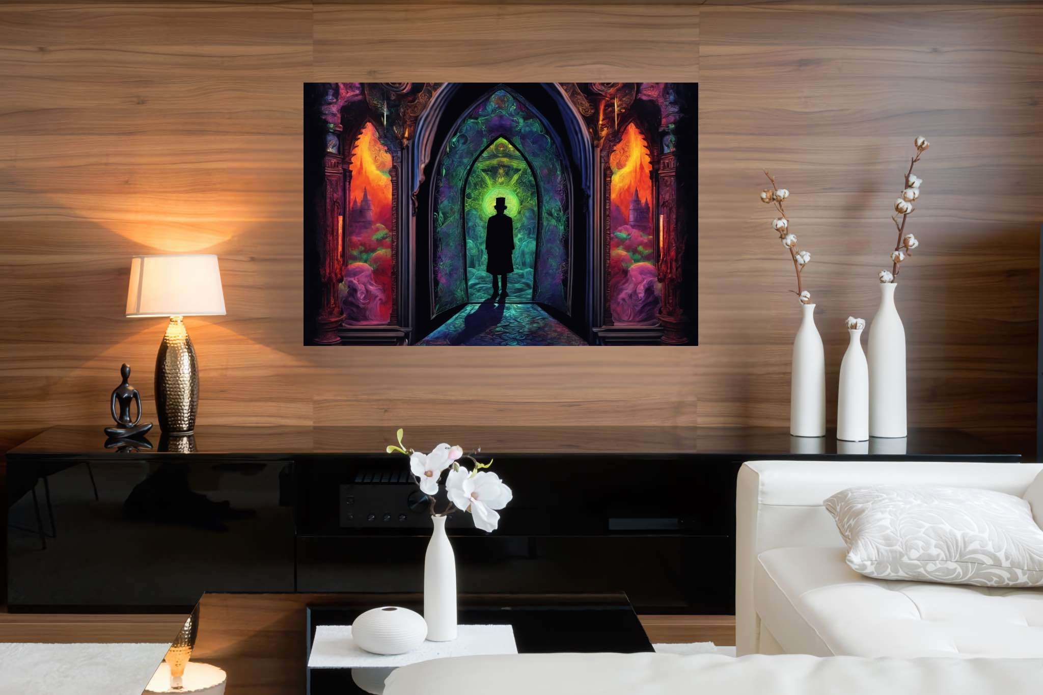 Chromatic gateway odyssey: Stained glass art with contemporary glass art, in a room with modern style, fine art prints, and home styling items. The art can be printed on poster, framed poster, canvas, metal, acrylic or wood, exclusively at WallArtZen. Find this exact print at https://wallartzen.com/waz262