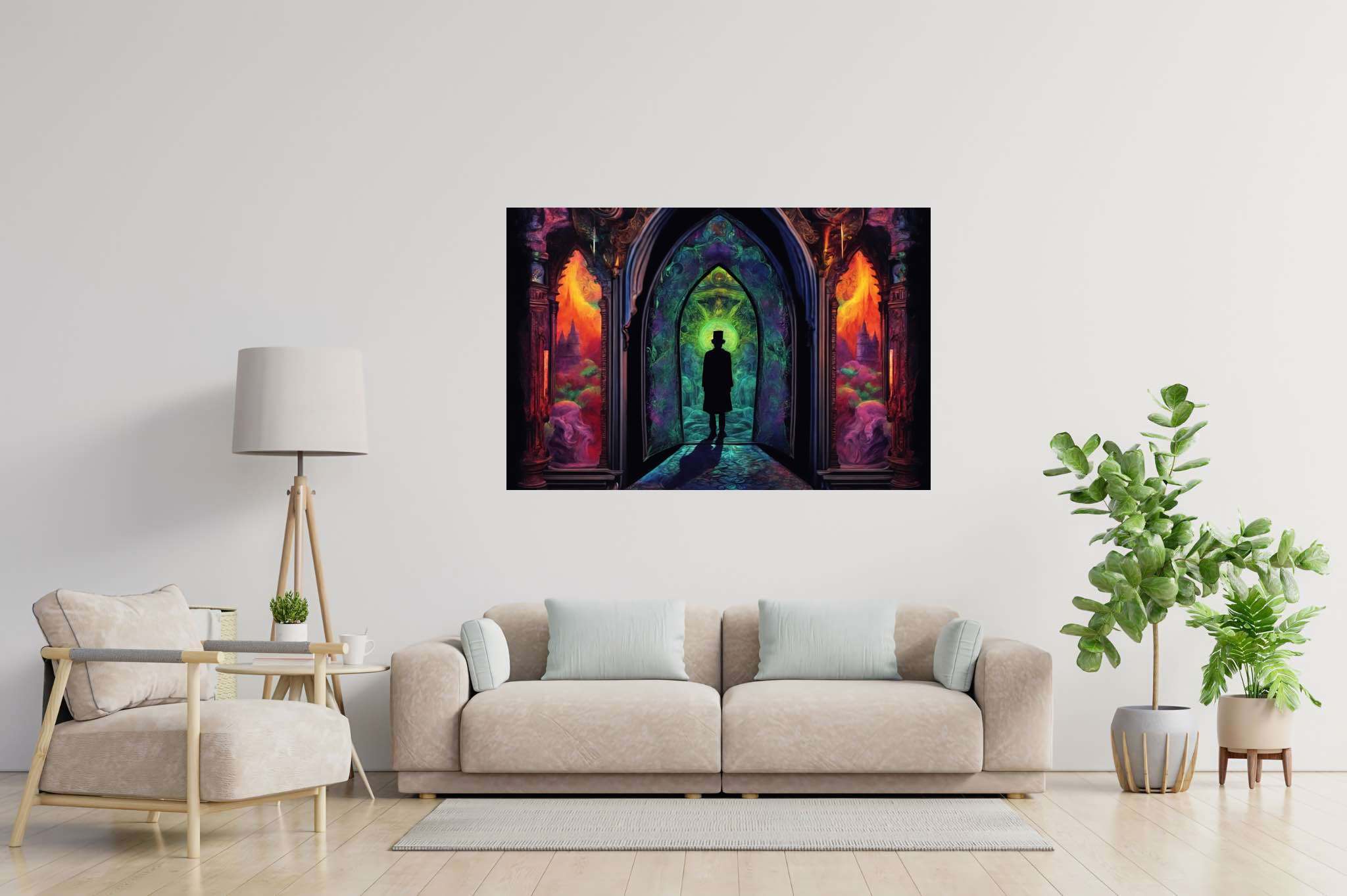 Chromatic gateway odyssey: Stained glass art with decorative windows, in a room with urban design, canvas prints, and luxe decor. The art can be printed on poster, framed poster, canvas, metal, acrylic or wood, exclusively at WallArtZen. Find this exact print at https://wallartzen.com/waz262