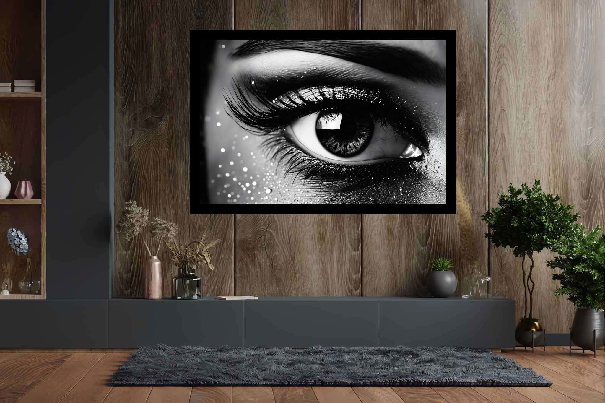 Luminous gaze ballet: Sparkly eye art with eye embellishments, in a room with elegant layout, framed art, and decorative pieces. The art can be printed on poster, framed poster, canvas, metal, acrylic or wood, exclusively at WallArtZen. Find this exact print at https://wallartzen.com/waz263
