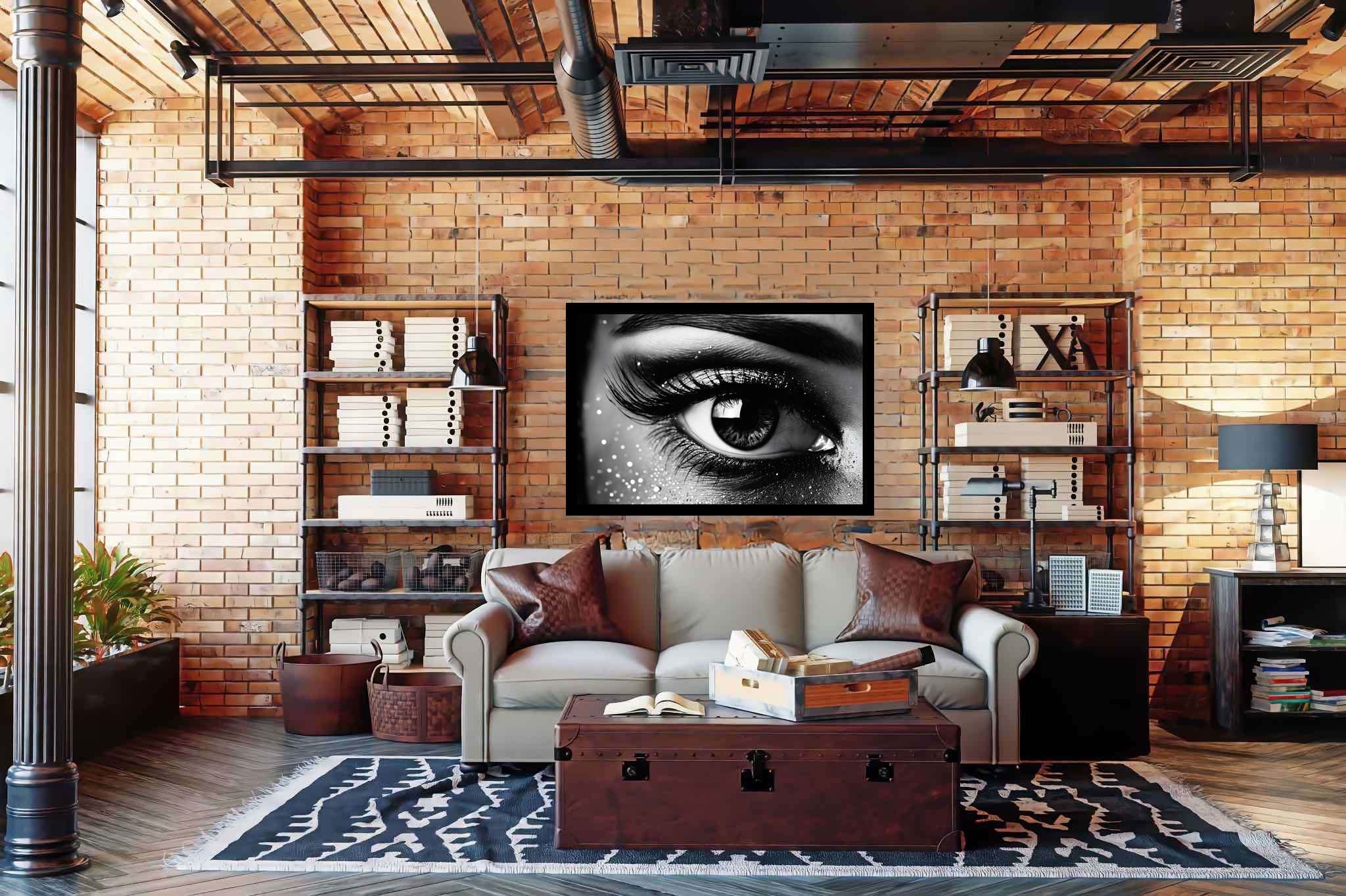 Luminous gaze ballet: Sparkly eye art with sparkly eye art, in a room with urban design, fine art prints, and stylish accessories. The art can be printed on poster, framed poster, canvas, metal, acrylic or wood, exclusively at WallArtZen. Find this exact print at https://wallartzen.com/waz263