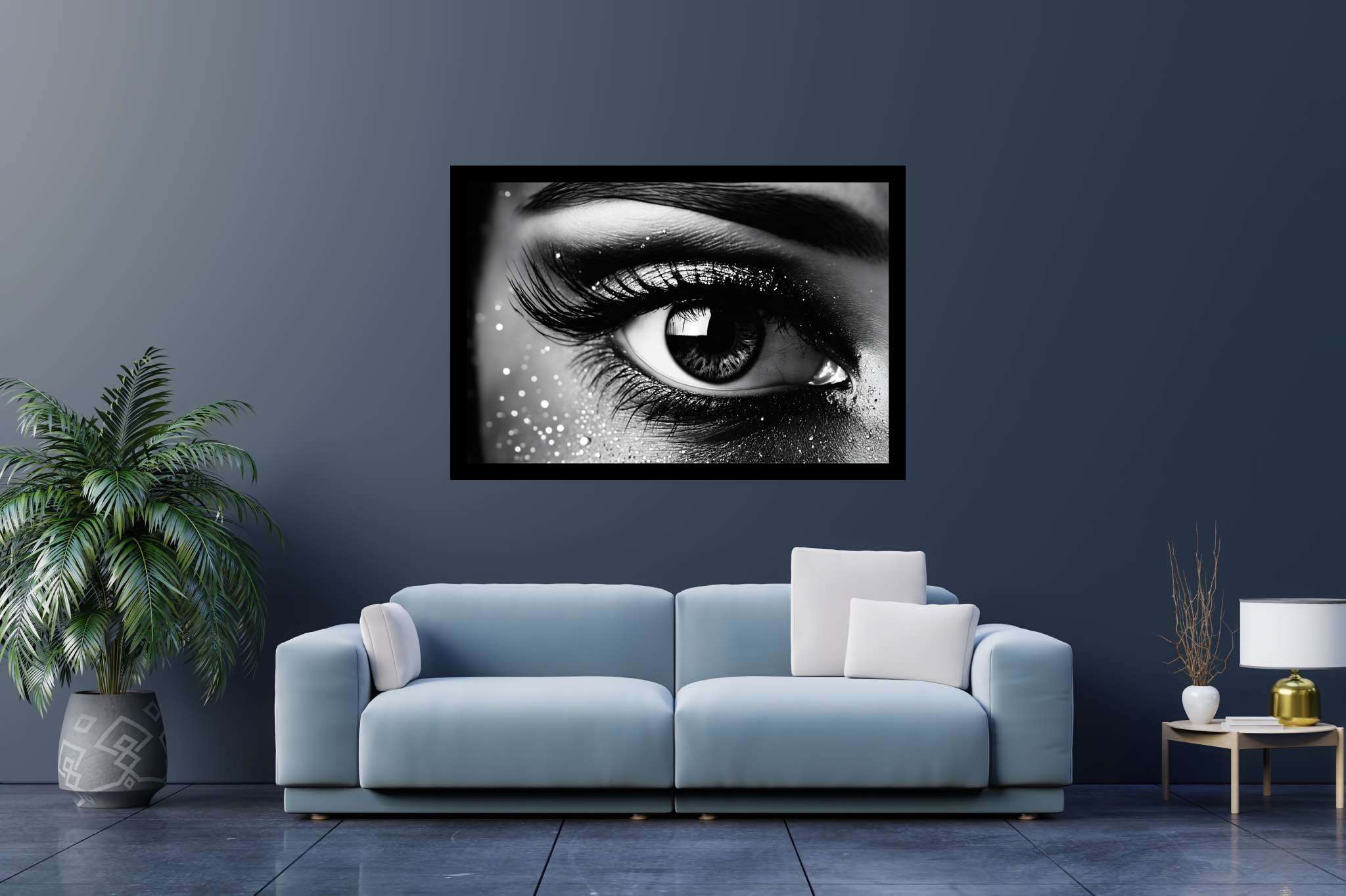 Luminous gaze ballet: Sparkly eye art with eye embellishments, in a room with urban design, canvas prints, and designer furniture. The art can be printed on poster, framed poster, canvas, metal, acrylic or wood, exclusively at WallArtZen. Find this exact print at https://wallartzen.com/waz263