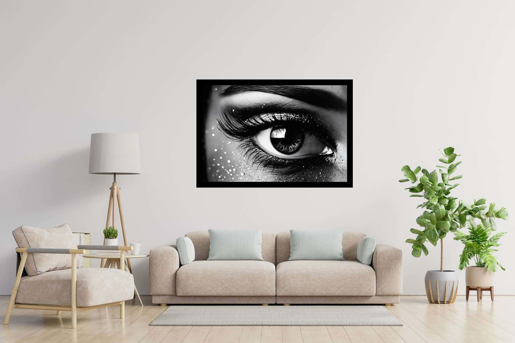 Luminous gaze ballet: Sparkly eye art with sparkly eye art, in a room with innovative layout, bespoke art designs, and interior decorations. The art can be printed on poster, framed poster, canvas, metal, acrylic or wood, exclusively at WallArtZen. Find this exact print at https://wallartzen.com/waz263