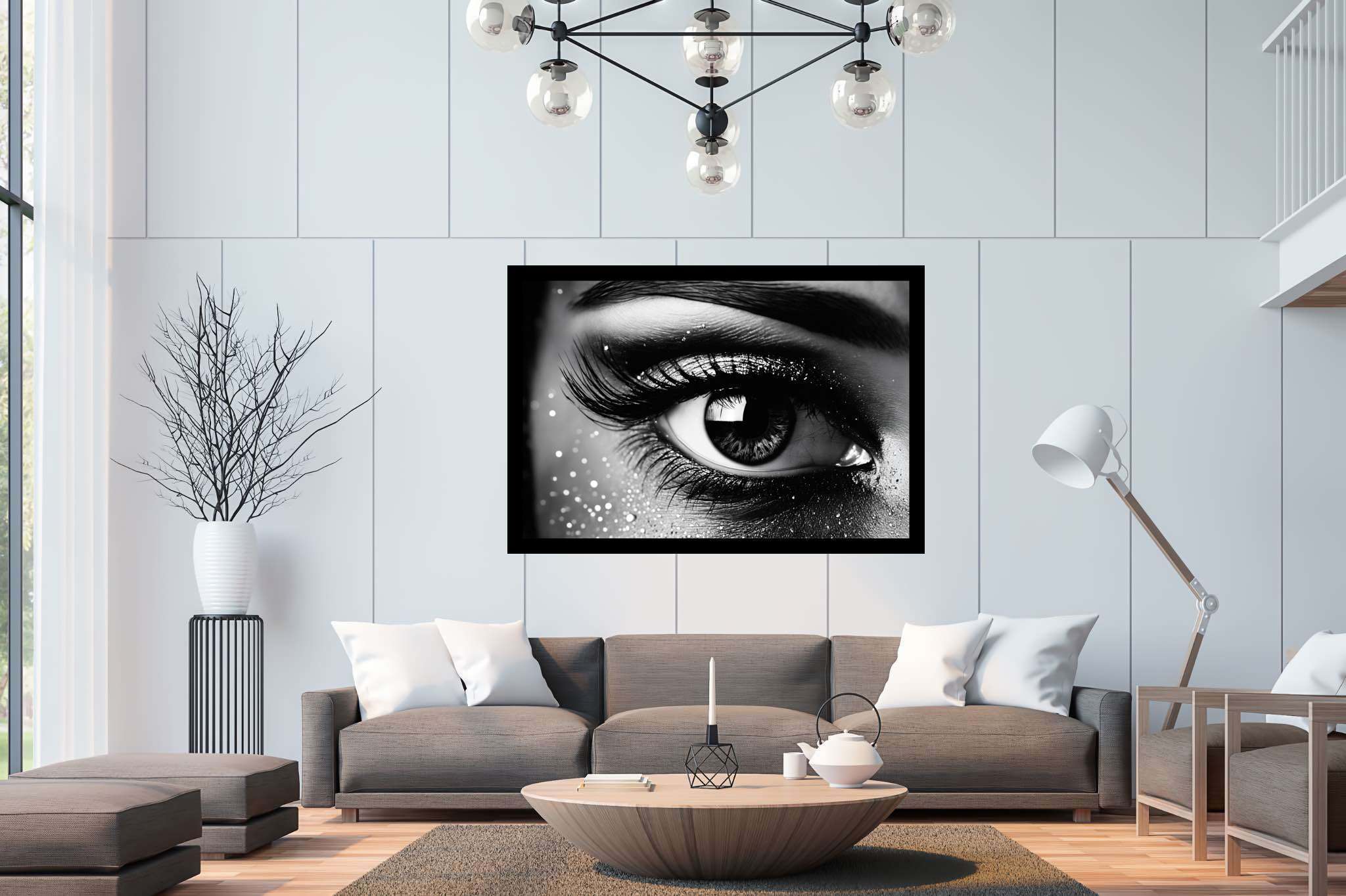 Luminous gaze ballet: Sparkly eye art with twinkling eye creations, in a room with artistic style, fine art prints, and artisan decor. The art can be printed on poster, framed poster, canvas, metal, acrylic or wood, exclusively at WallArtZen. Find this exact print at https://wallartzen.com/waz263