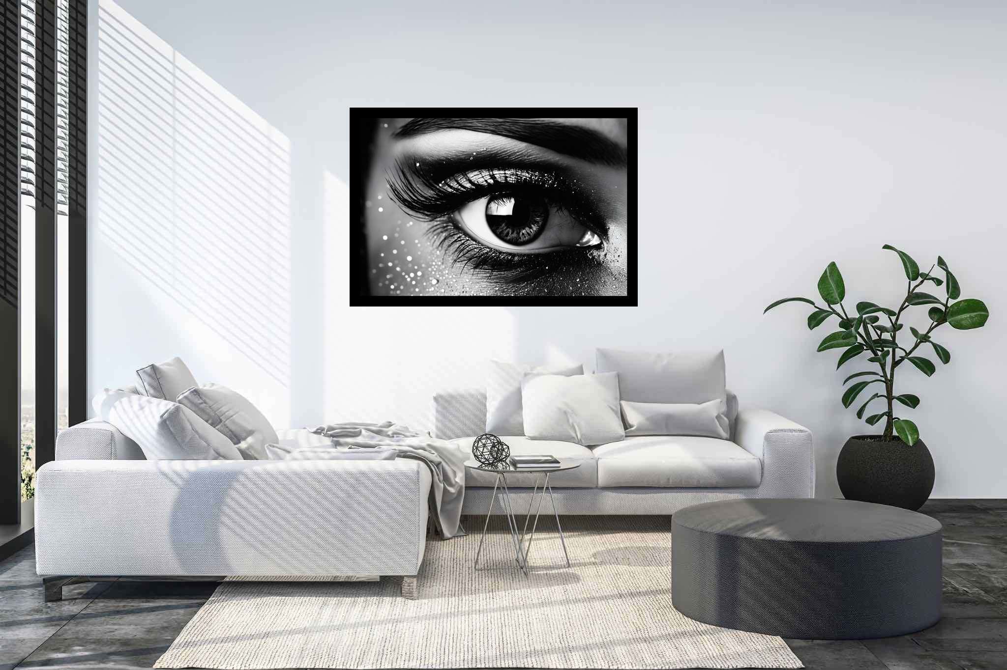 Luminous gaze ballet: Sparkly eye art with shiny eye art, in a room with modern style, wall hangings, and luxe decor. The art can be printed on poster, framed poster, canvas, metal, acrylic or wood, exclusively at WallArtZen. Find this exact print at https://wallartzen.com/waz263