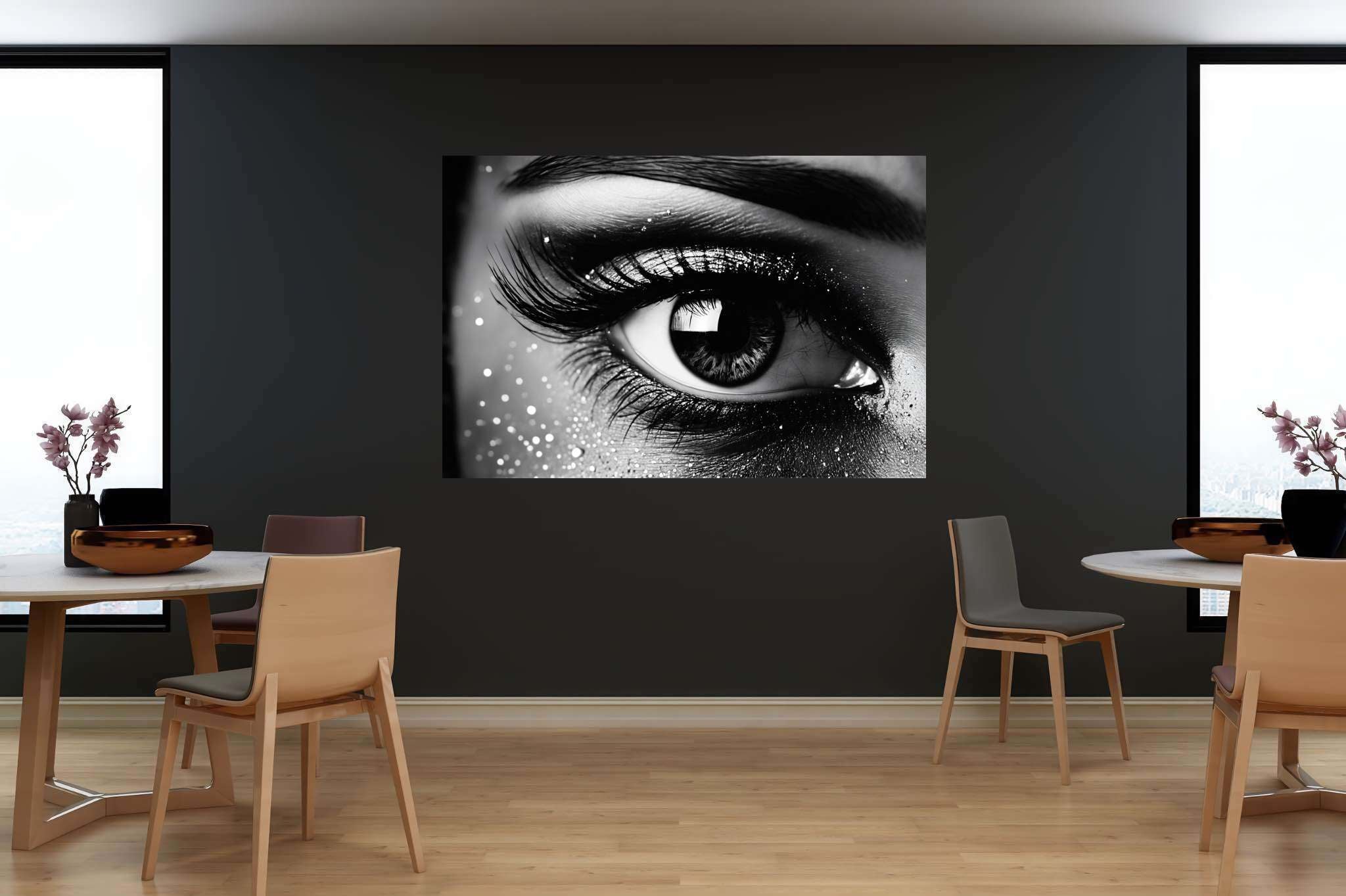 Luminous gaze ballet: Sparkly eye art with twinkling eye creations, in a room with modern style, gallery-quality artwork, and stylish accessories. The art can be printed on poster, framed poster, canvas, metal, acrylic or wood, exclusively at WallArtZen. Find this exact print at https://wallartzen.com/waz263