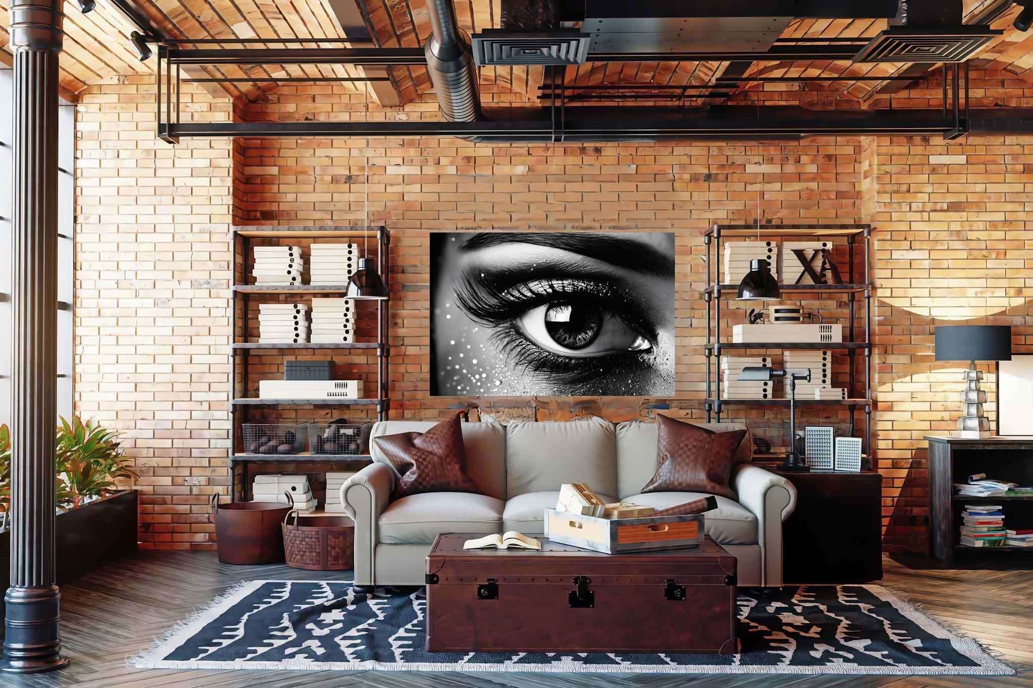 Luminous gaze ballet: Sparkly eye art with bedazzled eye designs, in a room with modern style, wall art, and home furnishings. The art can be printed on poster, framed poster, canvas, metal, acrylic or wood, exclusively at WallArtZen. Find this exact print at https://wallartzen.com/waz263