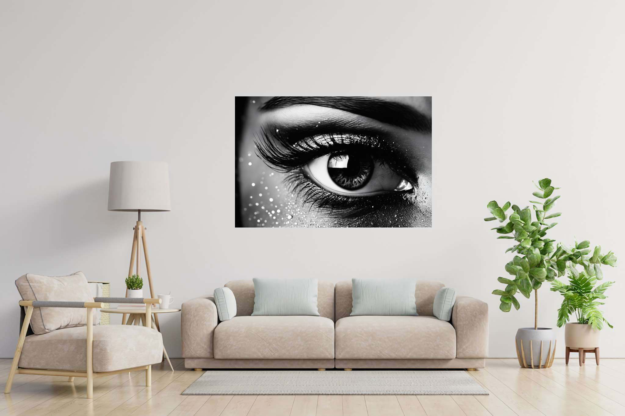Luminous gaze ballet: Sparkly eye art with sparkling eye makeup, in a room with great design, canvas prints, and designer furniture. The art can be printed on poster, framed poster, canvas, metal, acrylic or wood, exclusively at WallArtZen. Find this exact print at https://wallartzen.com/waz263