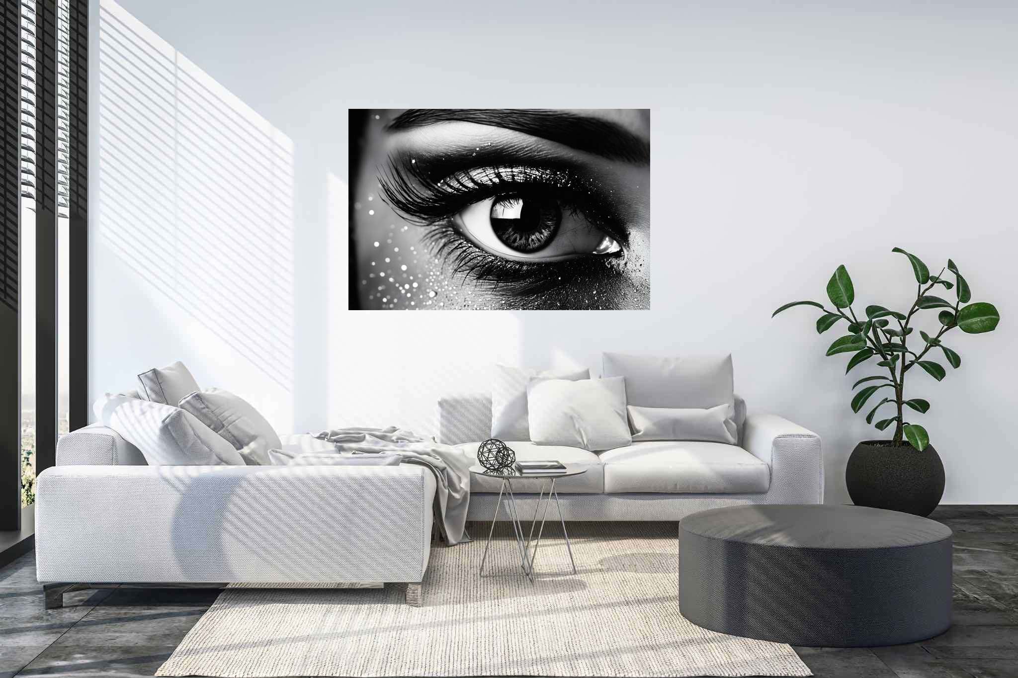Luminous gaze ballet: Sparkly eye art with sparkly eye art, in a room with innovative layout, bespoke art designs, and trendy home accents. The art can be printed on poster, framed poster, canvas, metal, acrylic or wood, exclusively at WallArtZen. Find this exact print at https://wallartzen.com/waz263