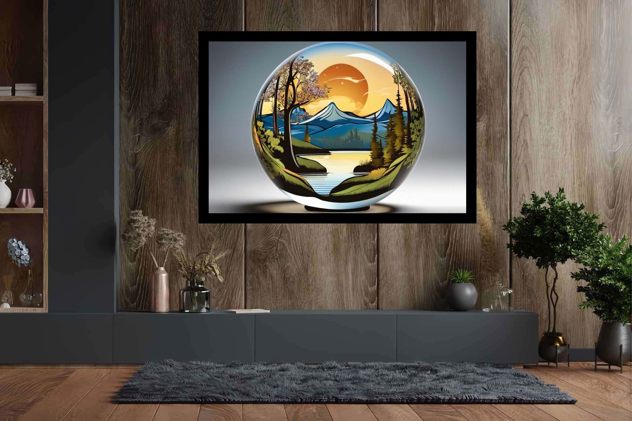Sphere of dusk enchantment: Sunset art with atmospheric, in a room with great design, fine art prints, and designer furniture. The art can be printed on poster, framed poster, canvas, metal, acrylic or wood, exclusively at WallArtZen. Find this exact print at https://wallartzen.com/waz264