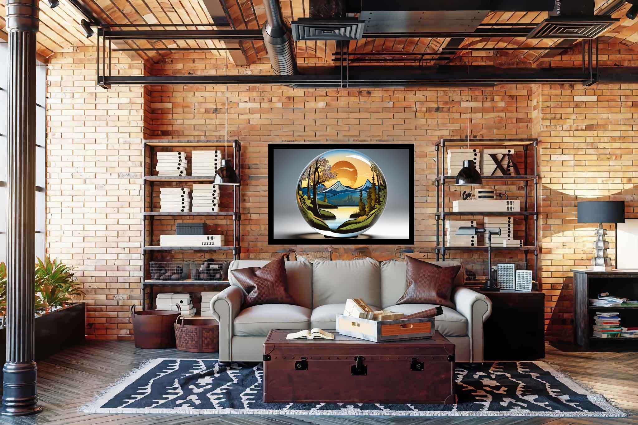 Sphere of dusk enchantment: Sunset art with vibrant colors, in a room with modern style, wall art, and designer furniture. The art can be printed on poster, framed poster, canvas, metal, acrylic or wood, exclusively at WallArtZen. Find this exact print at https://wallartzen.com/waz264