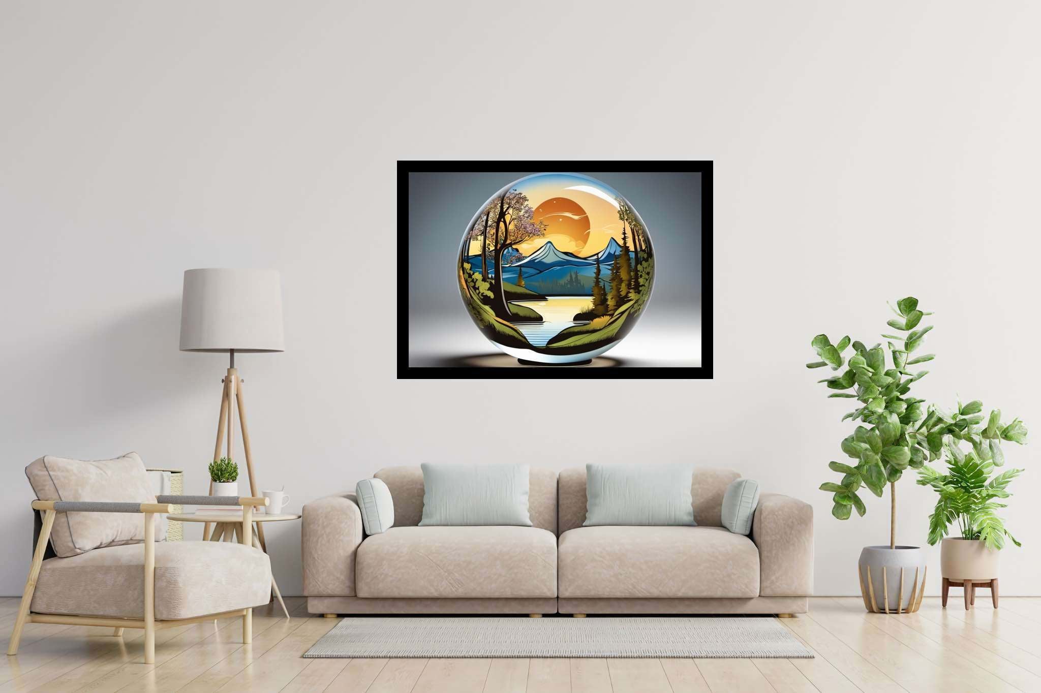 Sphere of dusk enchantment: Sunset art with vibrant colors, in a room with classic elegance, wall art, and interior decorations. The art can be printed on poster, framed poster, canvas, metal, acrylic or wood, exclusively at WallArtZen. Find this exact print at https://wallartzen.com/waz264