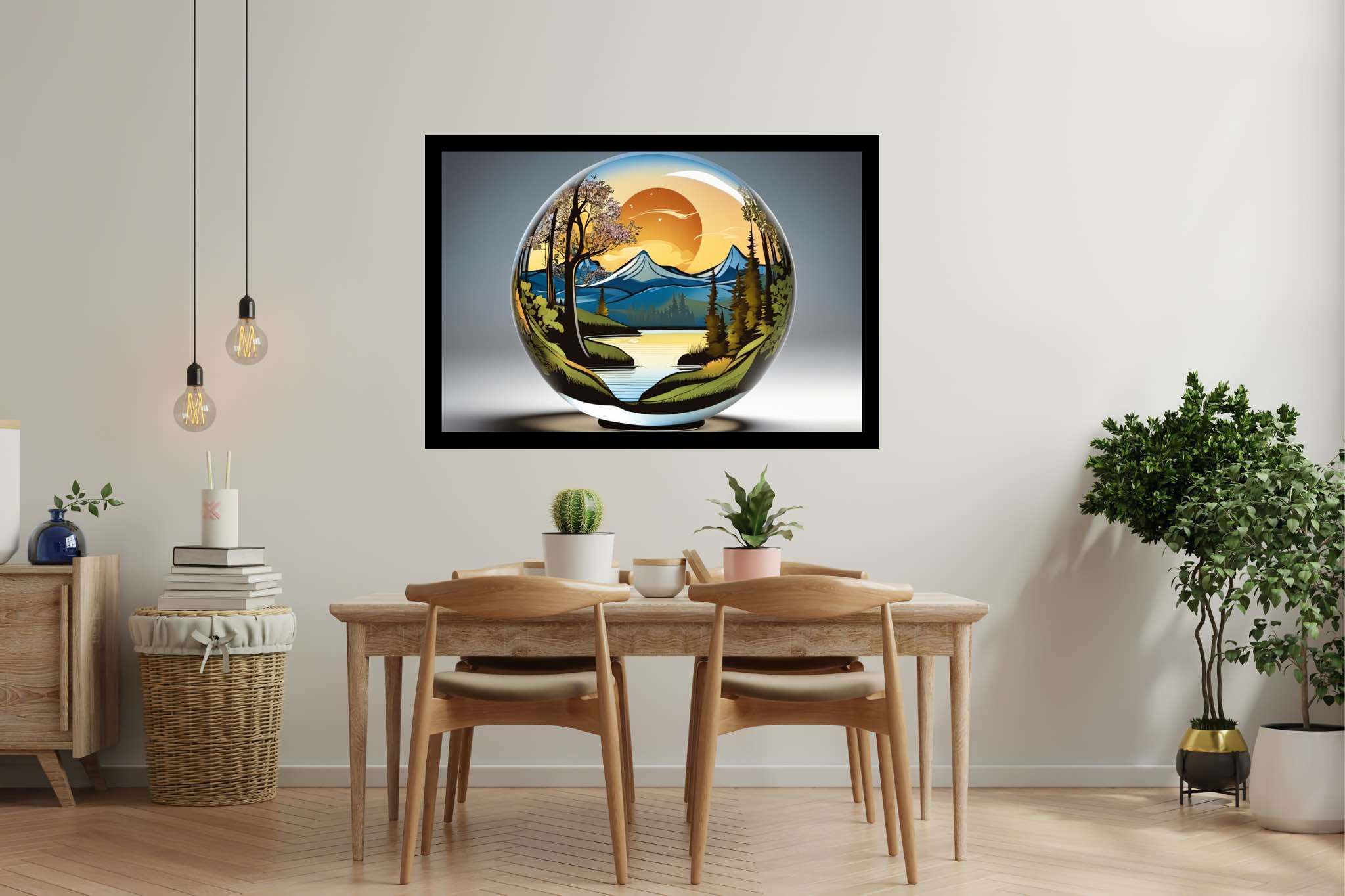 Sphere of dusk enchantment: Sunset art with atmospheric, in a room with chic decor, photographic wall art, and designer furniture. The art can be printed on poster, framed poster, canvas, metal, acrylic or wood, exclusively at WallArtZen. Find this exact print at https://wallartzen.com/waz264