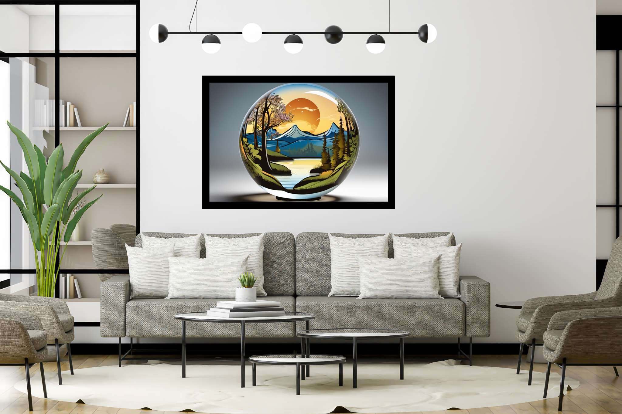 Sphere of dusk enchantment: Sunset art with golden hour, in a room with minimalist approach, abstract paintings, and designer furniture. The art can be printed on poster, framed poster, canvas, metal, acrylic or wood, exclusively at WallArtZen. Find this exact print at https://wallartzen.com/waz264