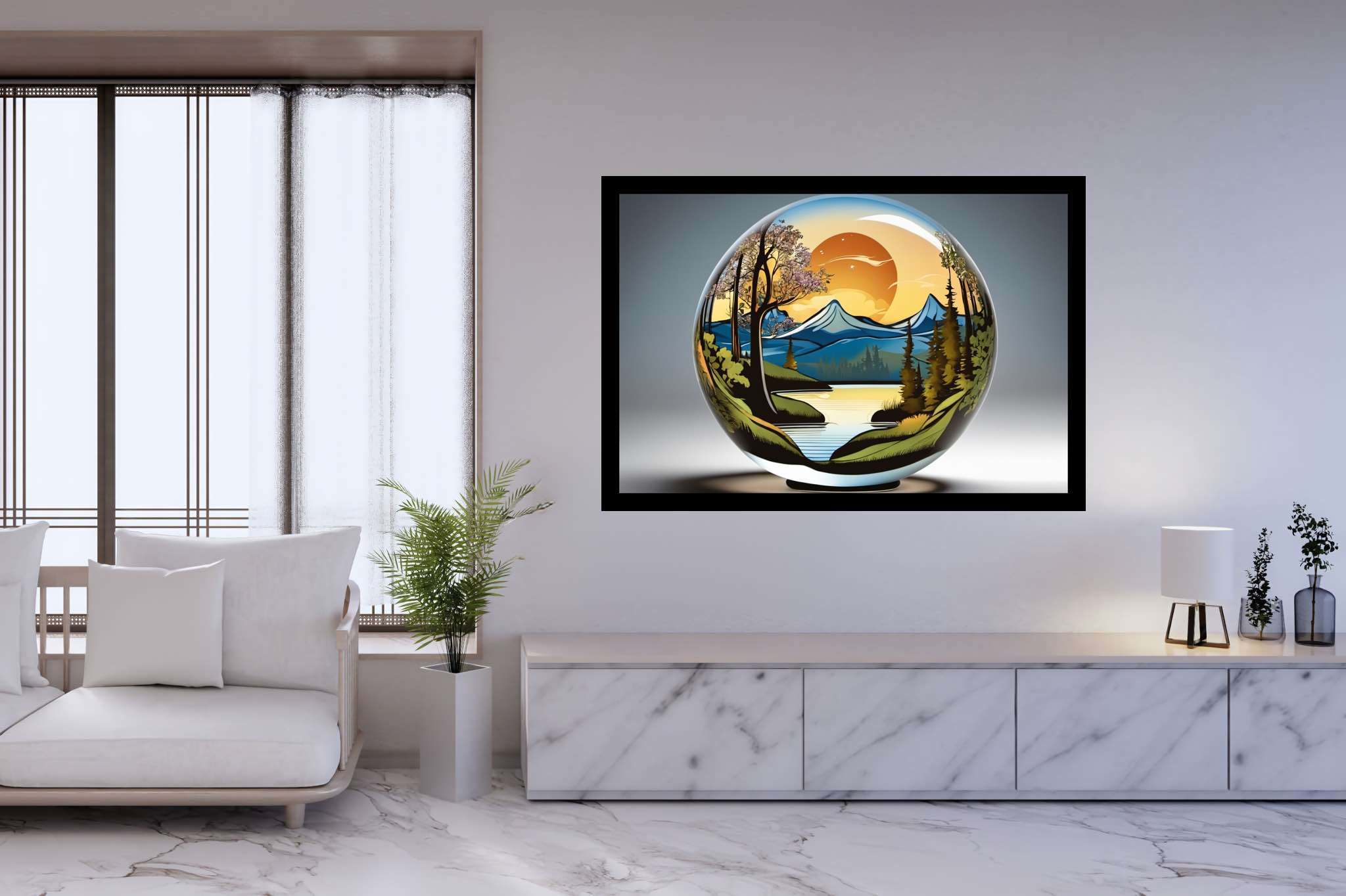 Sphere of dusk enchantment: Sunset art with twilight, in a room with minimalist approach, canvas prints, and designer furniture. The art can be printed on poster, framed poster, canvas, metal, acrylic or wood, exclusively at WallArtZen. Find this exact print at https://wallartzen.com/waz264