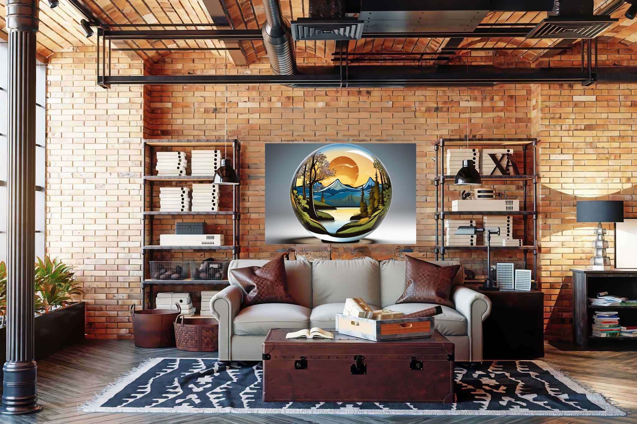 Sphere of dusk enchantment: Sunset art with landscape painting, in a room with innovative layout, bespoke art designs, and designer furniture. The art can be printed on poster, framed poster, canvas, metal, acrylic or wood, exclusively at WallArtZen. Find this exact print at https://wallartzen.com/waz264