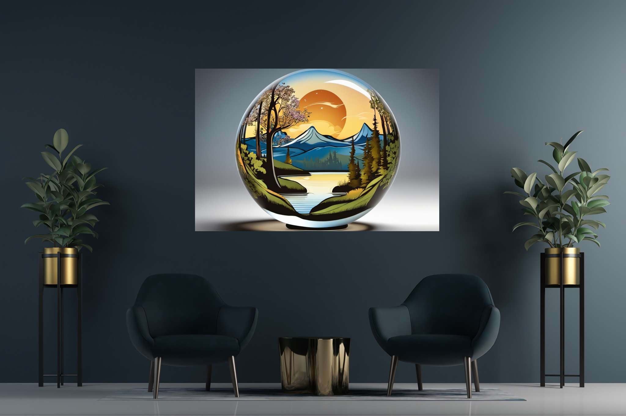 Sphere of dusk enchantment: Sunset art with golden hour, in a room with chic decor, photographic wall art, and elegant home goods. The art can be printed on poster, framed poster, canvas, metal, acrylic or wood, exclusively at WallArtZen. Find this exact print at https://wallartzen.com/waz264