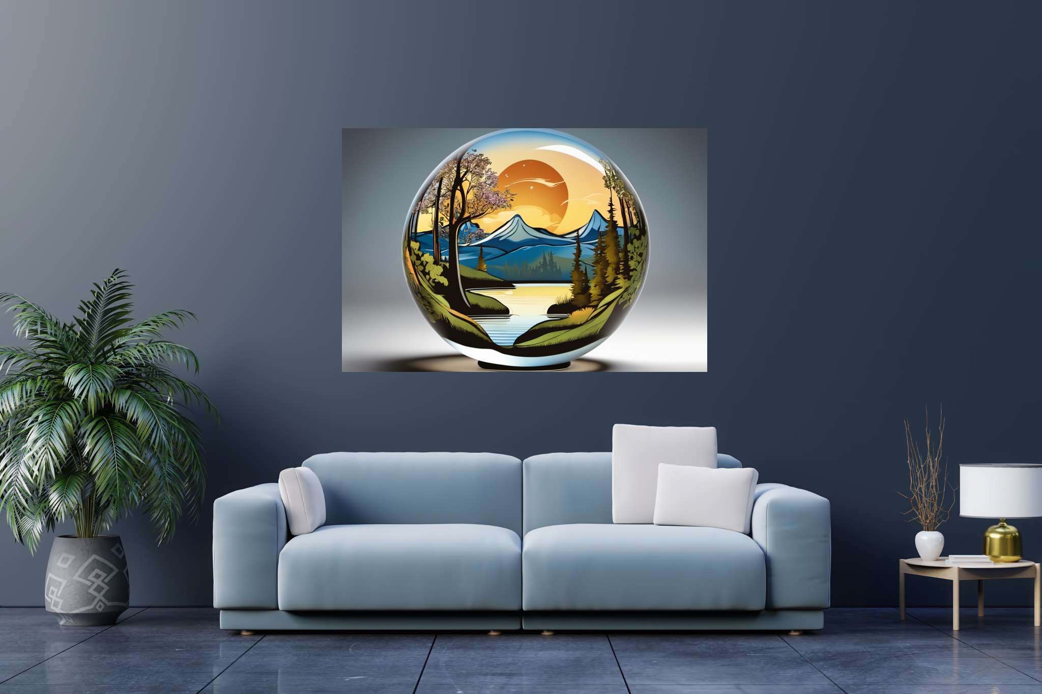 Sphere of dusk enchantment: Sunset art with nature-inspired, in a room with artistic style, wall art, and artisan decor. The art can be printed on poster, framed poster, canvas, metal, acrylic or wood, exclusively at WallArtZen. Find this exact print at https://wallartzen.com/waz264