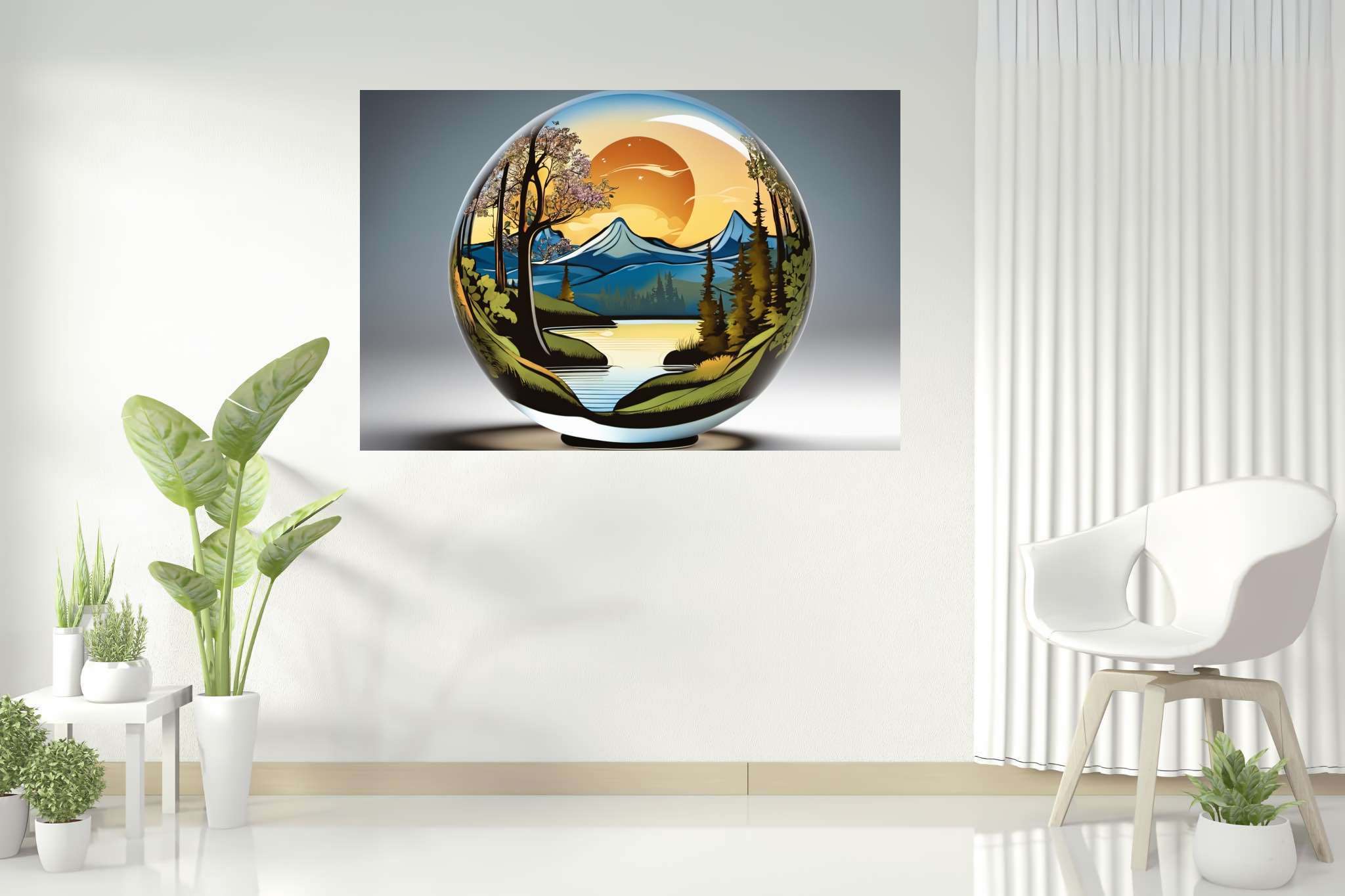 Sphere of dusk enchantment: Sunset art with coastal scenery, in a room with elegant layout, mural artworks, and elegant home goods. The art can be printed on poster, framed poster, canvas, metal, acrylic or wood, exclusively at WallArtZen. Find this exact print at https://wallartzen.com/waz264