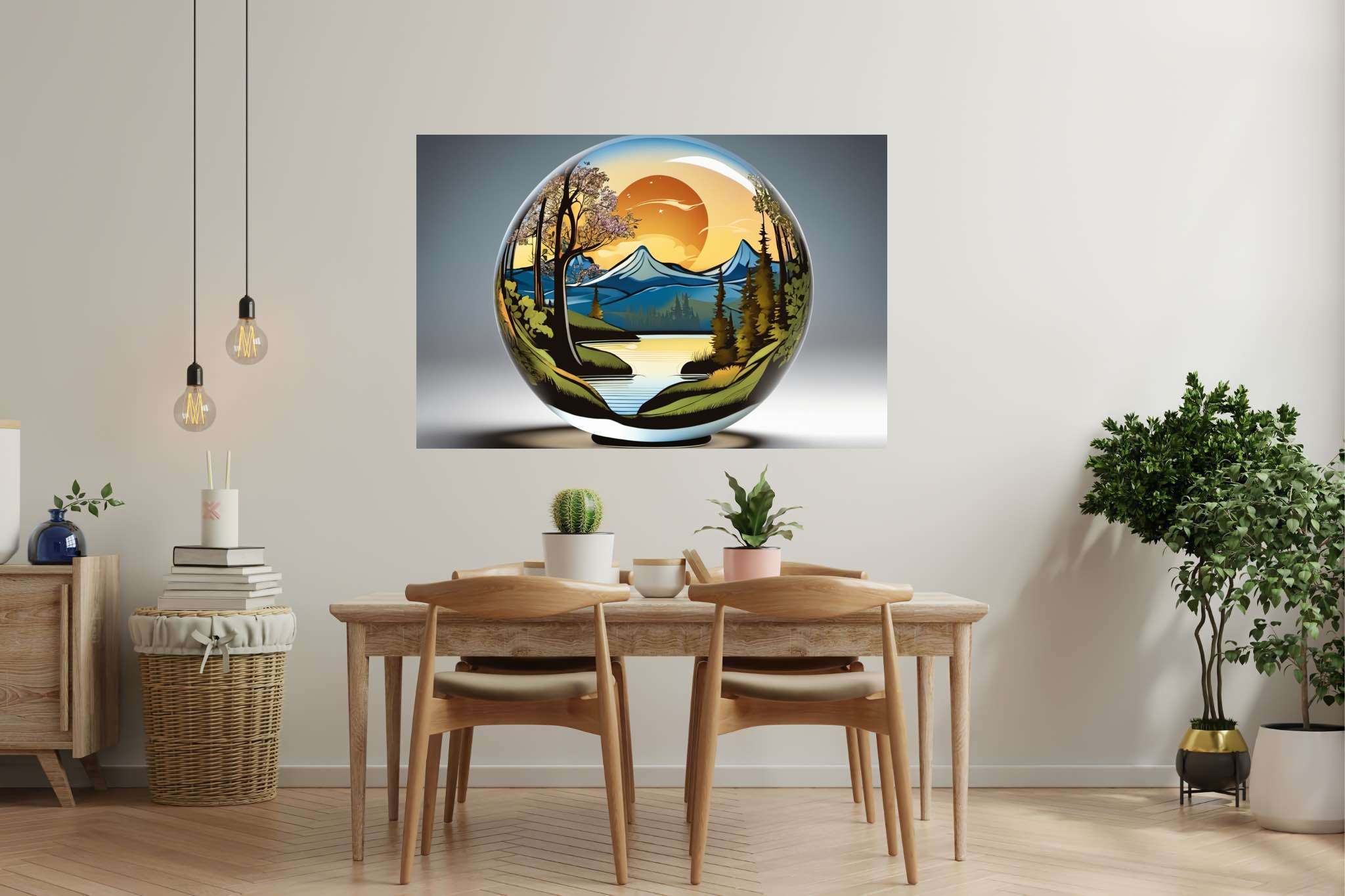 Sphere of dusk enchantment: Sunset art with coastal scenery, in a room with elegant layout, digital art pieces, and home furnishings. The art can be printed on poster, framed poster, canvas, metal, acrylic or wood, exclusively at WallArtZen. Find this exact print at https://wallartzen.com/waz264