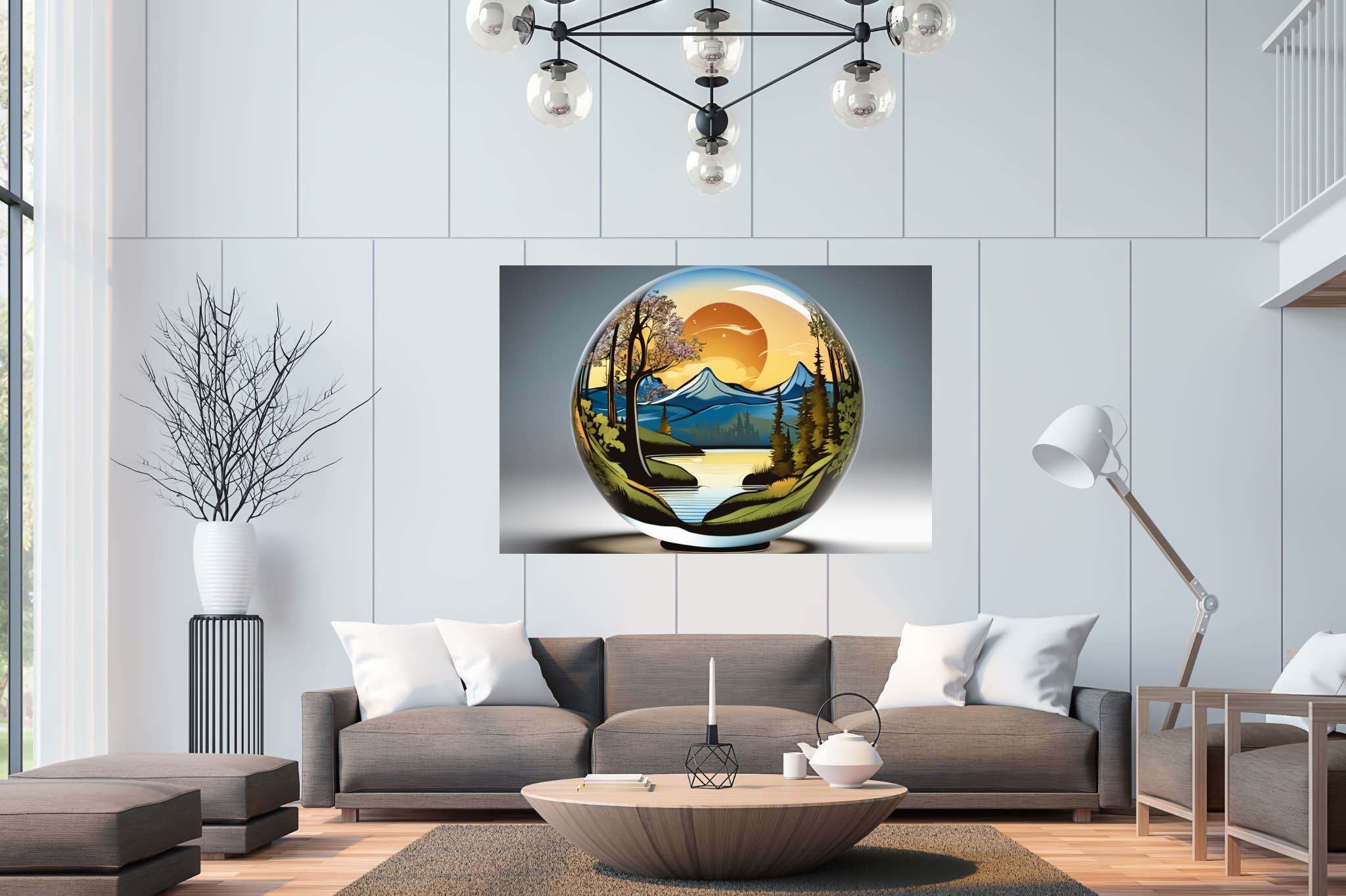 Sphere of dusk enchantment: Sunset art with sunset art, in a room with contemporary flair, gallery-quality artwork, and home styling items. The art can be printed on poster, framed poster, canvas, metal, acrylic or wood, exclusively at WallArtZen. Find this exact print at https://wallartzen.com/waz264