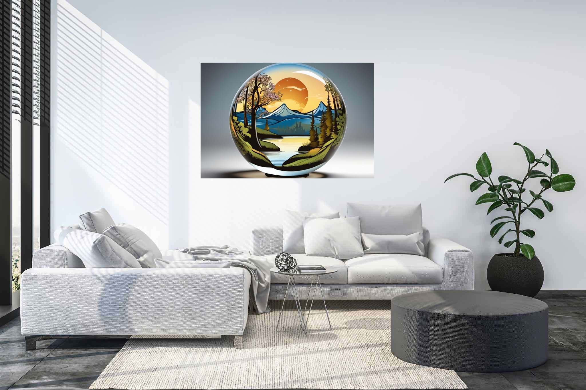 Sphere of dusk enchantment: Sunset art with coastal scenery, in a room with artistic style, mural artworks, and home furnishings. The art can be printed on poster, framed poster, canvas, metal, acrylic or wood, exclusively at WallArtZen. Find this exact print at https://wallartzen.com/waz264