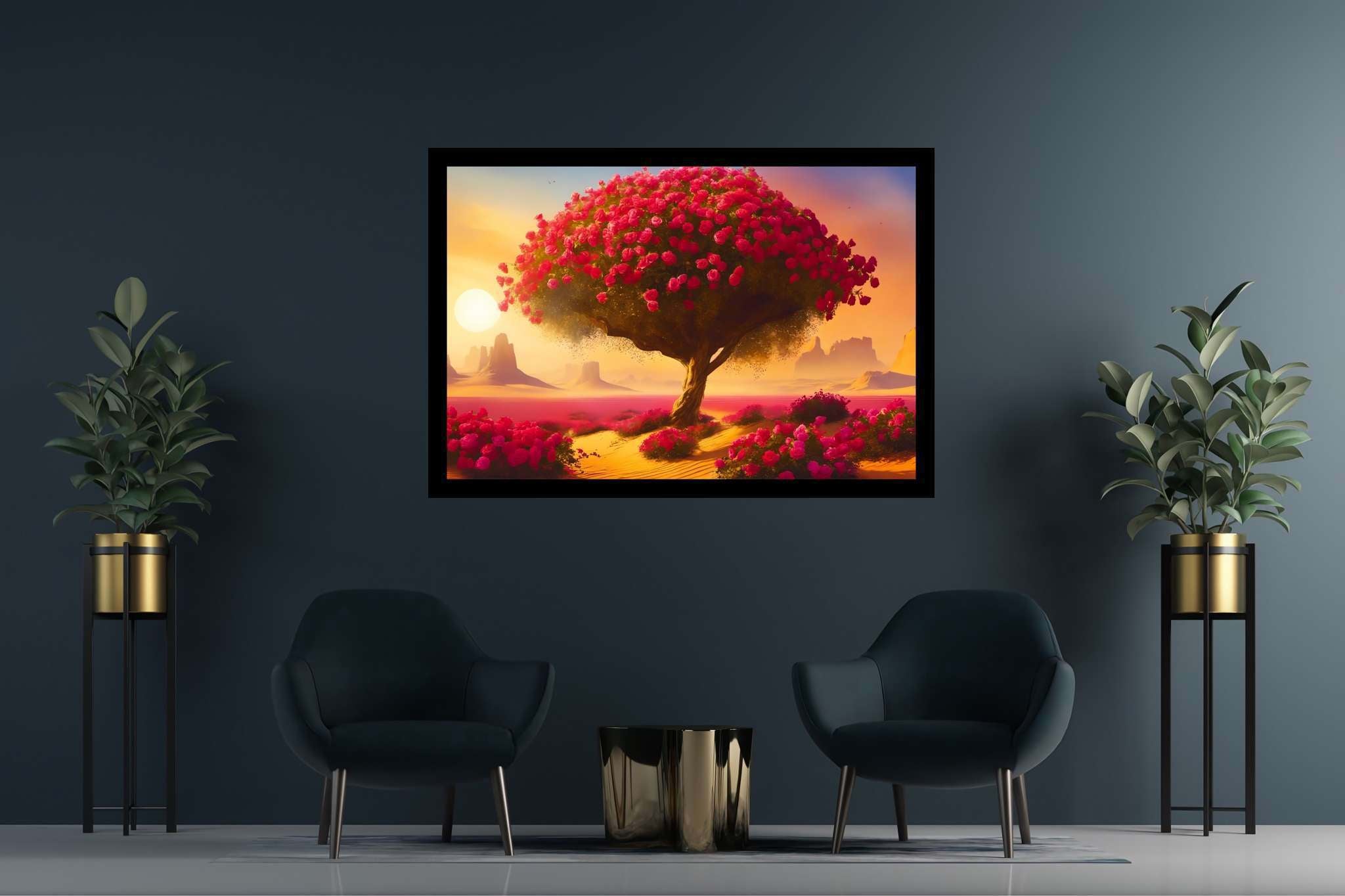 Bloom of the solitude sands: Surreal desert art with imaginative dunes, in a room with modern style, wall hangings, and stylish accessories. The art can be printed on poster, framed poster, canvas, metal, acrylic or wood, exclusively at WallArtZen. Find this exact print at https://wallartzen.com/waz265