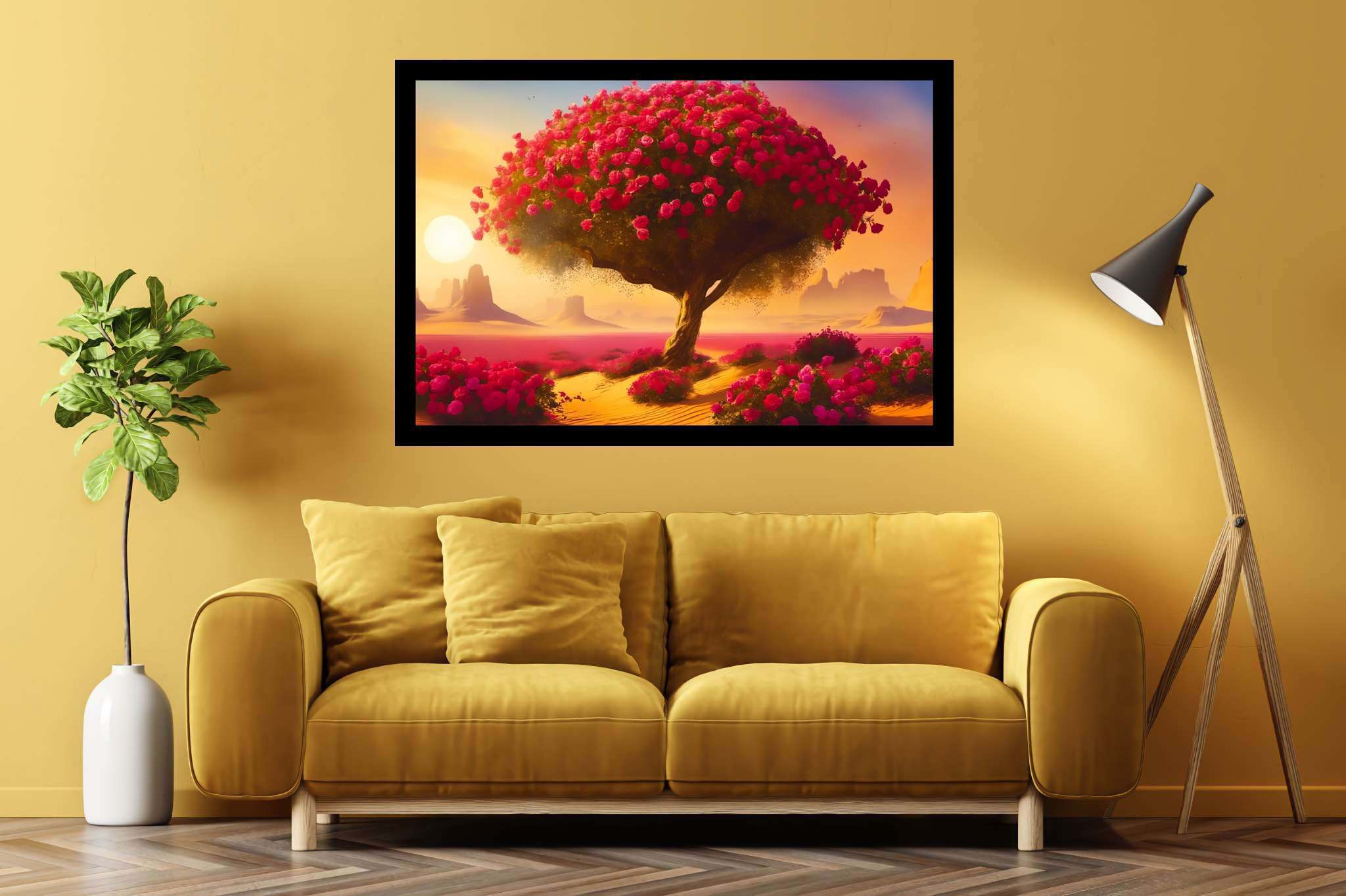 Bloom of the solitude sands: Surreal desert art with surrealistic wilderness, in a room with urban design, bespoke art designs, and stylish accessories. The art can be printed on poster, framed poster, canvas, metal, acrylic or wood, exclusively at WallArtZen. Find this exact print at https://wallartzen.com/waz265