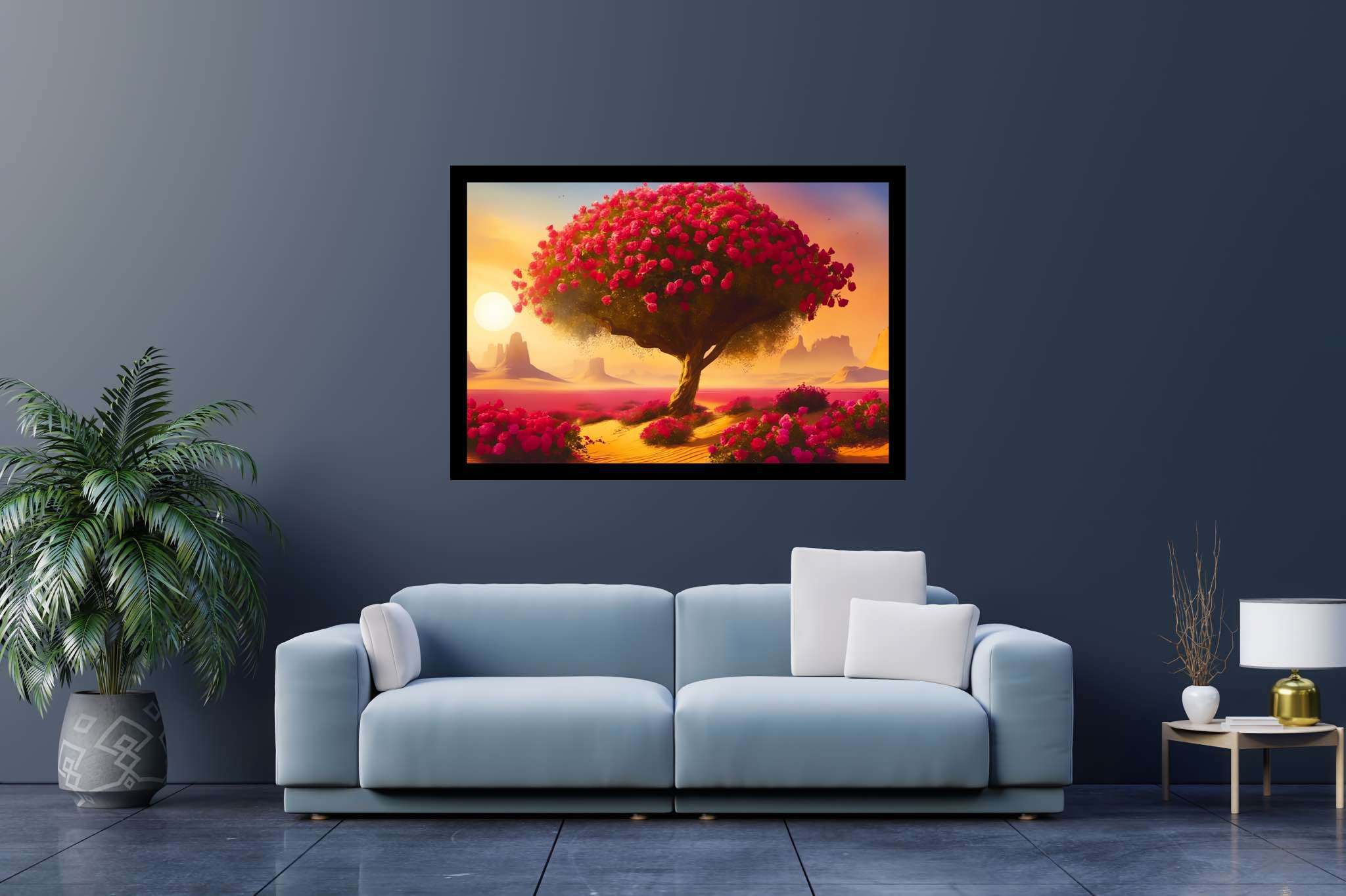 Bloom of the solitude sands: Surreal desert art with avant-garde desert, in a room with urban design, abstract paintings, and stylish accessories. The art can be printed on poster, framed poster, canvas, metal, acrylic or wood, exclusively at WallArtZen. Find this exact print at https://wallartzen.com/waz265