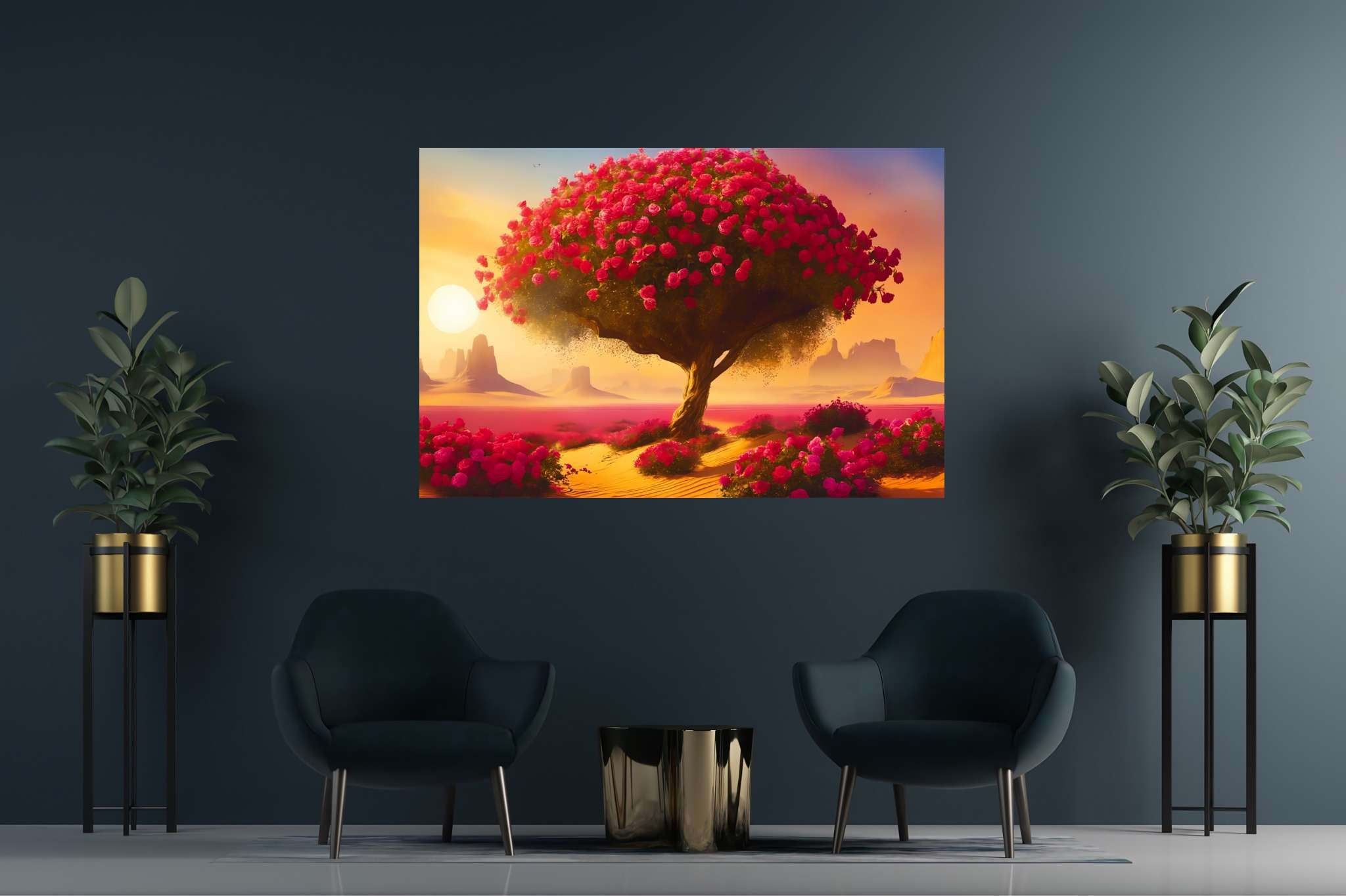 Bloom of the solitude sands: Surreal desert art with desert dreamscape, in a room with contemporary flair, photographic wall art, and stylish accessories. The art can be printed on poster, framed poster, canvas, metal, acrylic or wood, exclusively at WallArtZen. Find this exact print at https://wallartzen.com/waz265