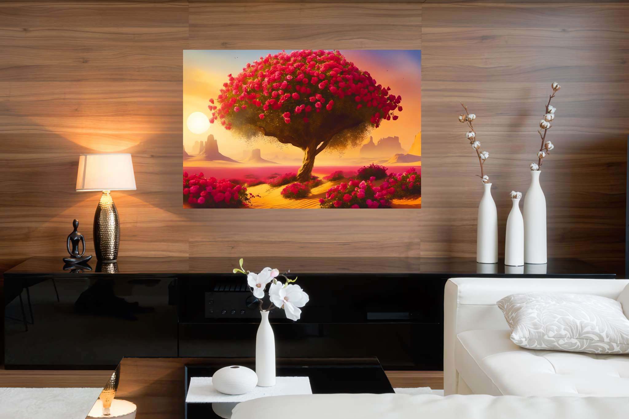 Bloom of the solitude sands: Surreal desert art with imaginative dunes, in a room with minimalist approach, wall art, and luxe decor. The art can be printed on poster, framed poster, canvas, metal, acrylic or wood, exclusively at WallArtZen. Find this exact print at https://wallartzen.com/waz265