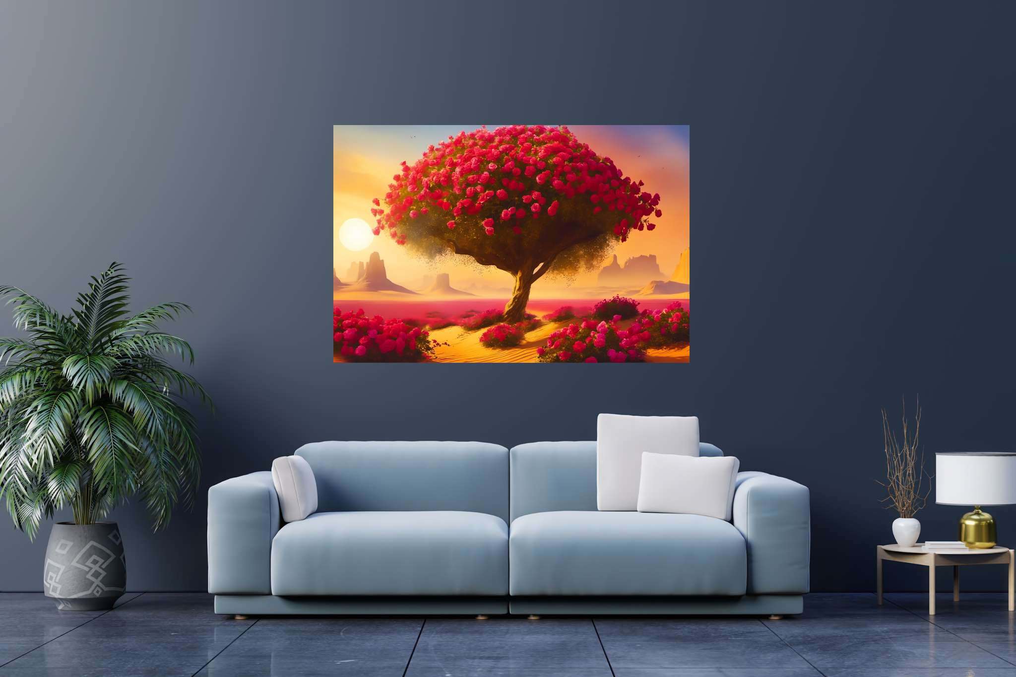 Bloom of the solitude sands: Surreal desert art with fantasy mirages, in a room with chic decor, gallery-quality artwork, and decorative pieces. The art can be printed on poster, framed poster, canvas, metal, acrylic or wood, exclusively at WallArtZen. Find this exact print at https://wallartzen.com/waz265