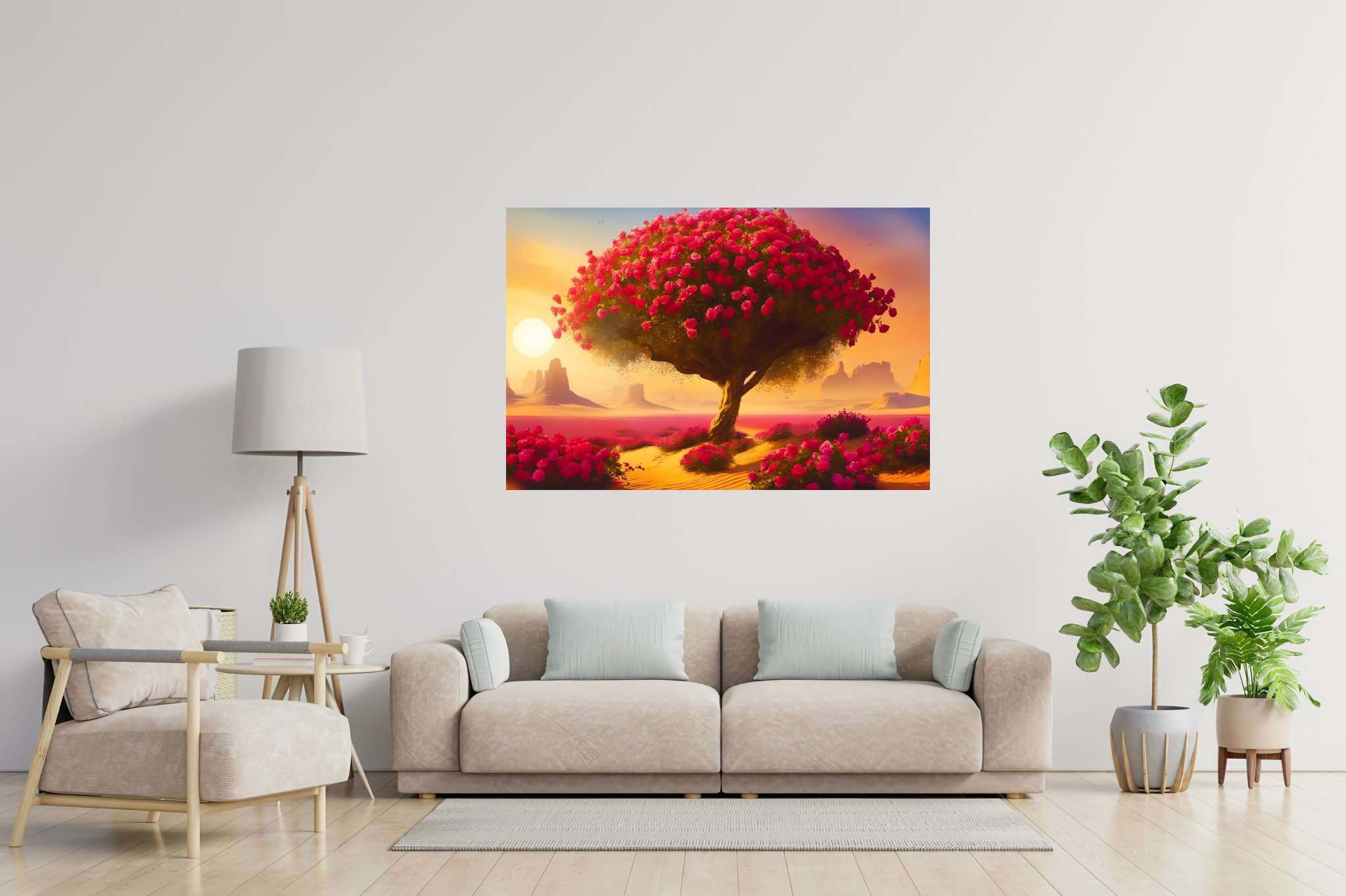 Bloom of the solitude sands: Surreal desert art with visionary sands, in a room with contemporary flair, fine art prints, and luxe decor. The art can be printed on poster, framed poster, canvas, metal, acrylic or wood, exclusively at WallArtZen. Find this exact print at https://wallartzen.com/waz265
