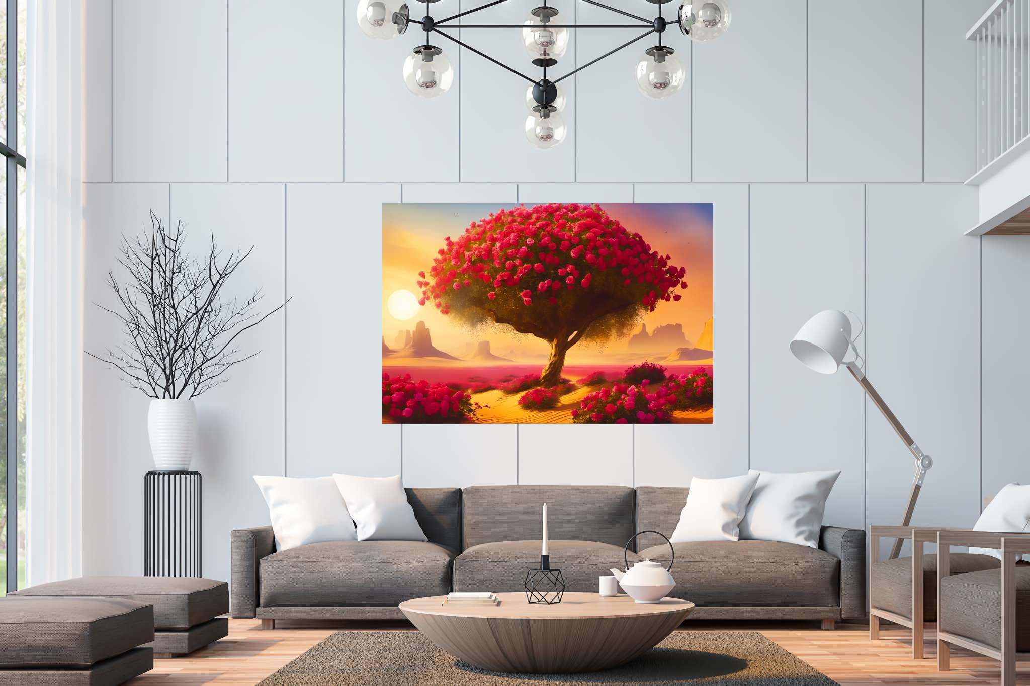 Bloom of the solitude sands: Surreal desert art with ethereal oasis, in a room with chic decor, wall art, and decorative pieces. The art can be printed on poster, framed poster, canvas, metal, acrylic or wood, exclusively at WallArtZen. Find this exact print at https://wallartzen.com/waz265