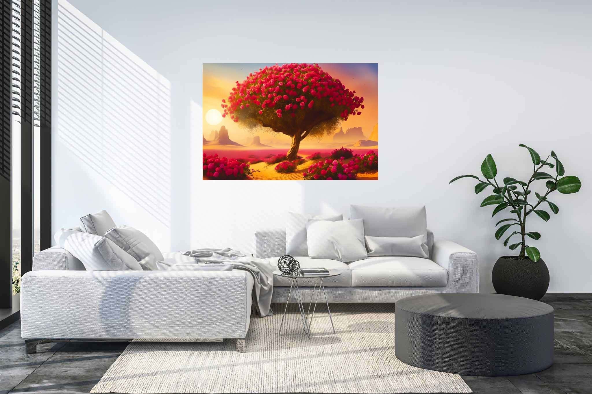 Bloom of the solitude sands: Surreal desert art with abstract sandstorms, in a room with contemporary flair, photographic wall art, and home furnishings. The art can be printed on poster, framed poster, canvas, metal, acrylic or wood, exclusively at WallArtZen. Find this exact print at https://wallartzen.com/waz265