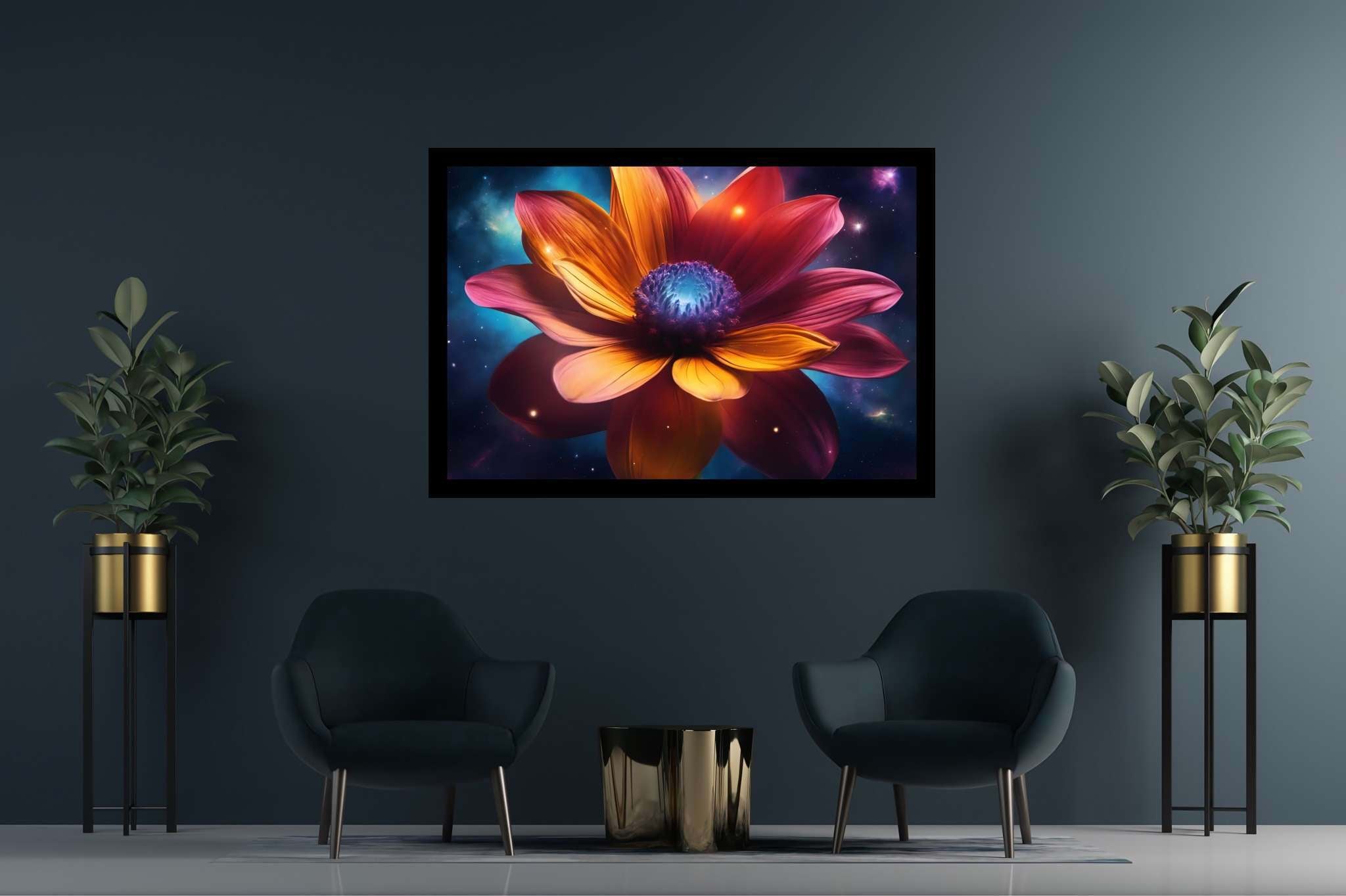 Galactic petals in bloom: Vibrant flower art with vibrant flower symbolism, in a room with great design, wall hangings, and home furnishings. The art can be printed on poster, framed poster, canvas, metal, acrylic or wood, exclusively at WallArtZen. Find this exact print at https://wallartzen.com/waz266