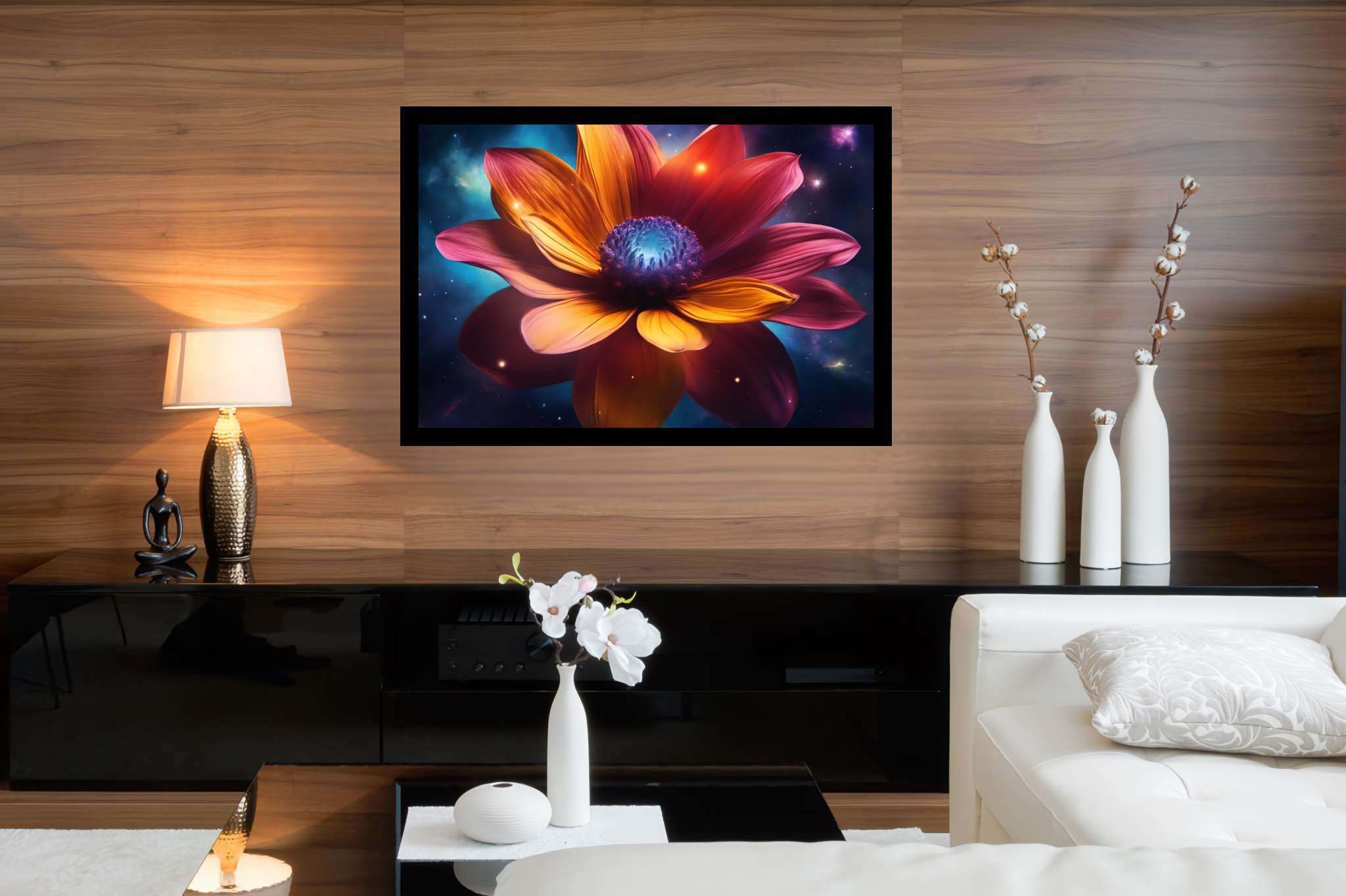 Galactic petals in bloom: Vibrant flower art with vibrant flower prints, in a room with classic elegance, abstract paintings, and decorative pieces. The art can be printed on poster, framed poster, canvas, metal, acrylic or wood, exclusively at WallArtZen. Find this exact print at https://wallartzen.com/waz266